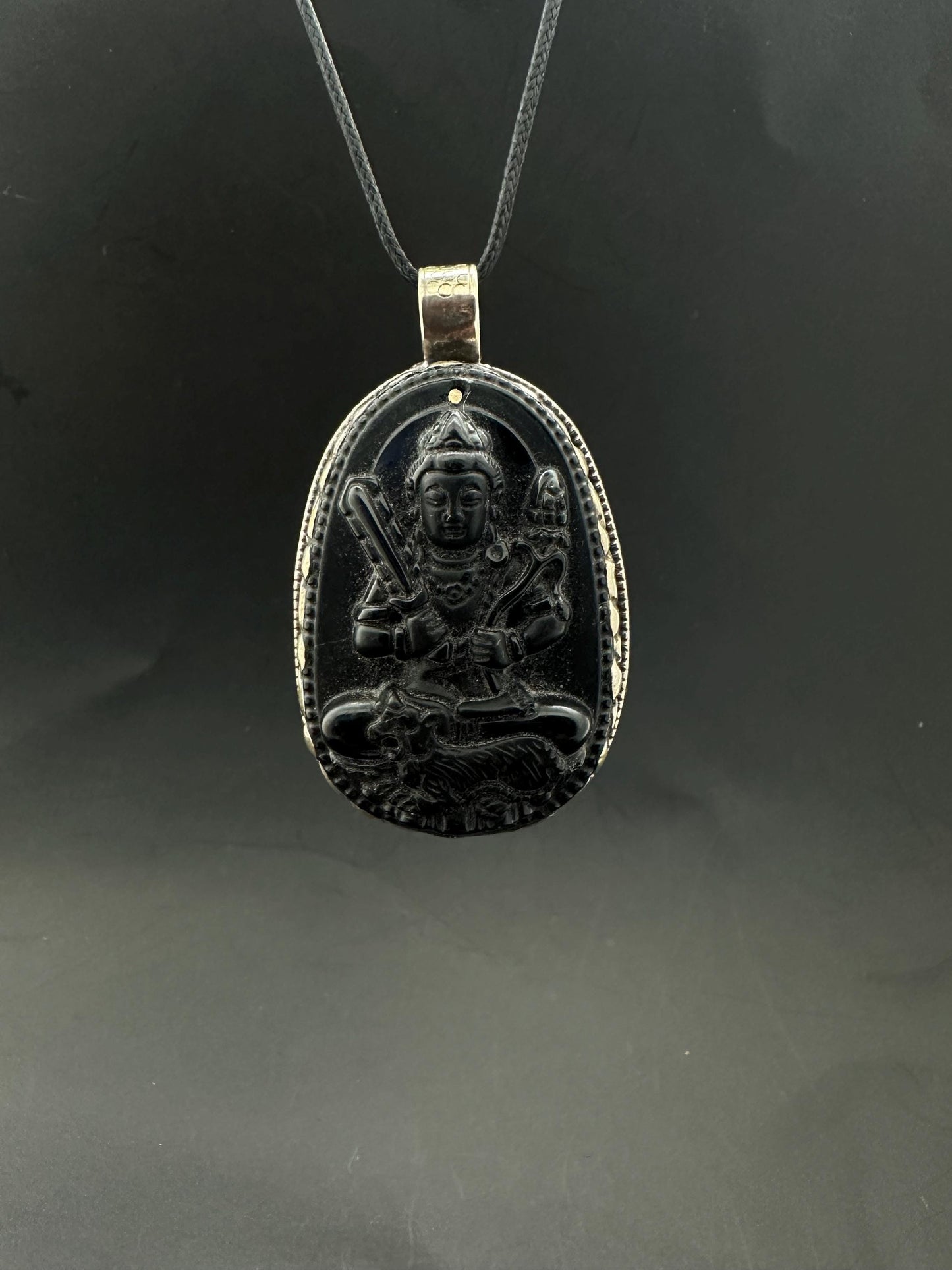 obsidian akasagarbha , boddhisattva, amulet,tibetan silver,