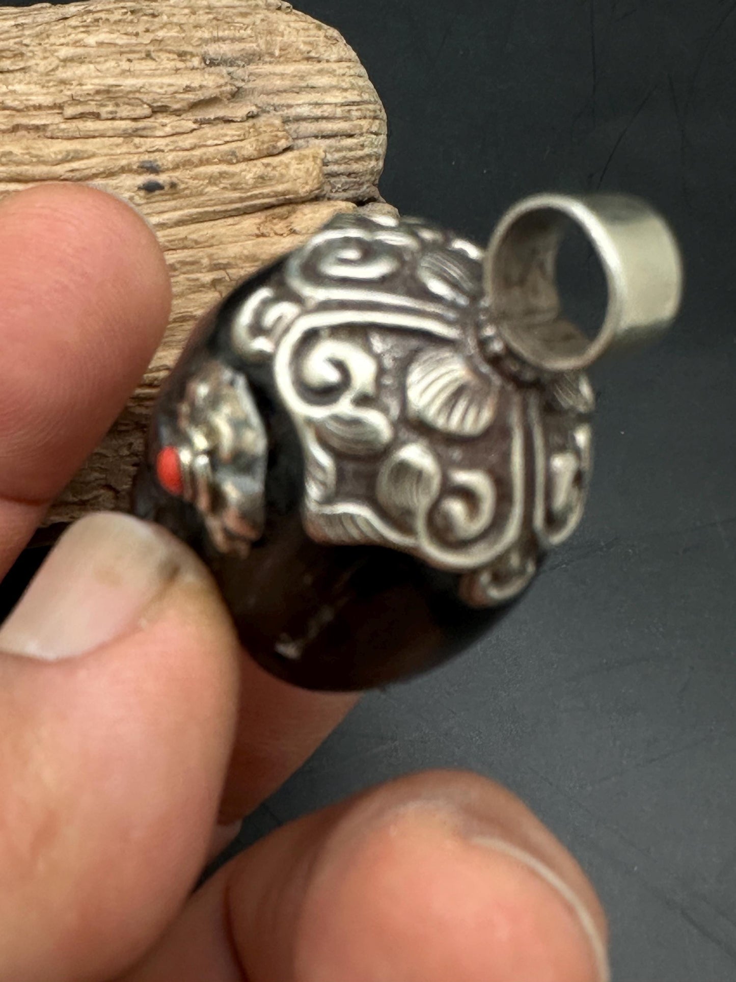 Horn skull present, set with coral , master handcrafted with Tibetan silver
