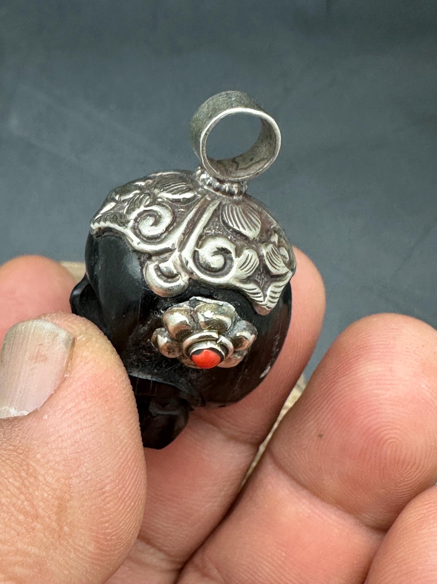 Horn skull present, set with coral , master handcrafted with Tibetan silver