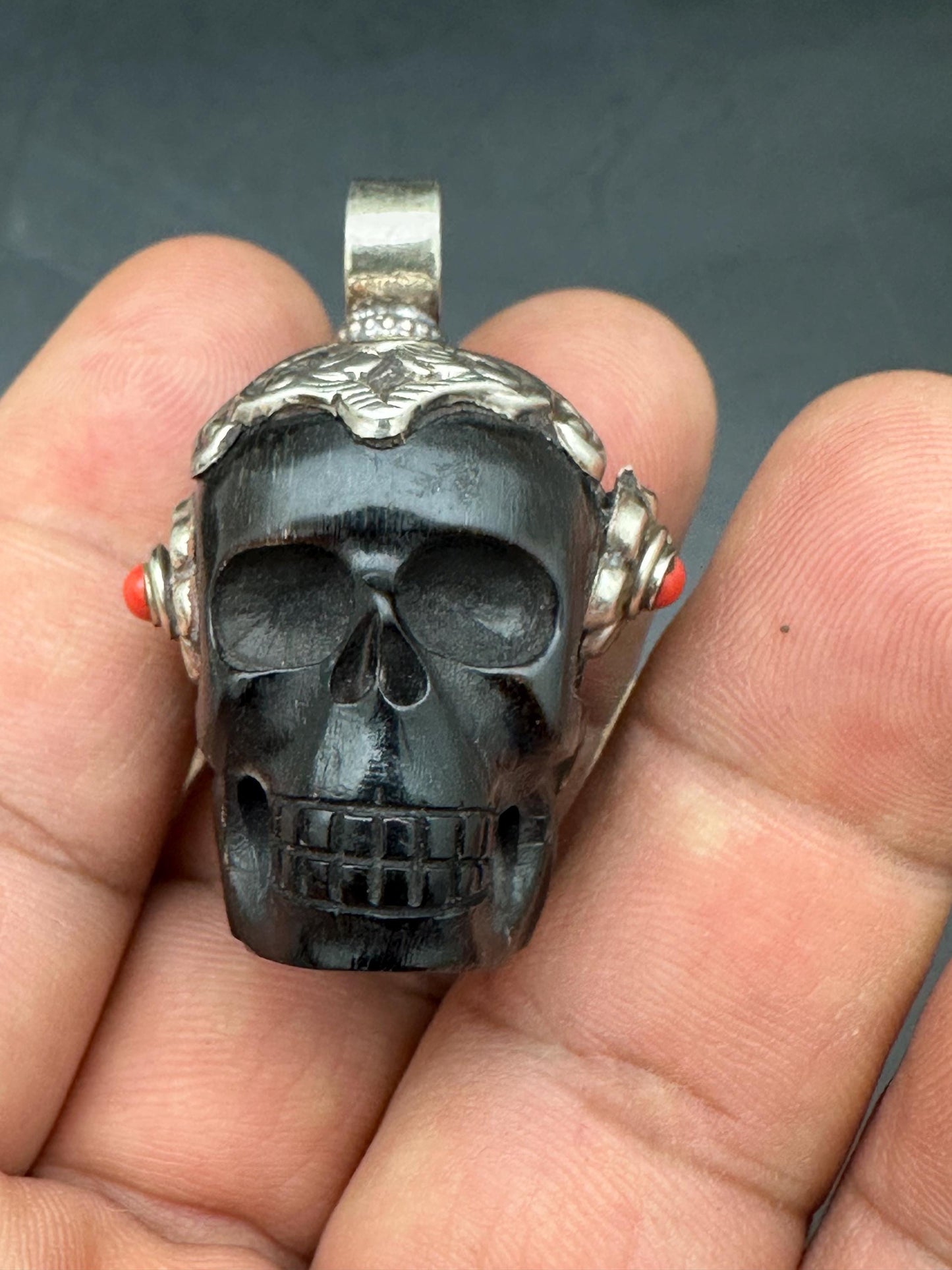 Horn skull present, set with coral , master handcrafted with Tibetan silver