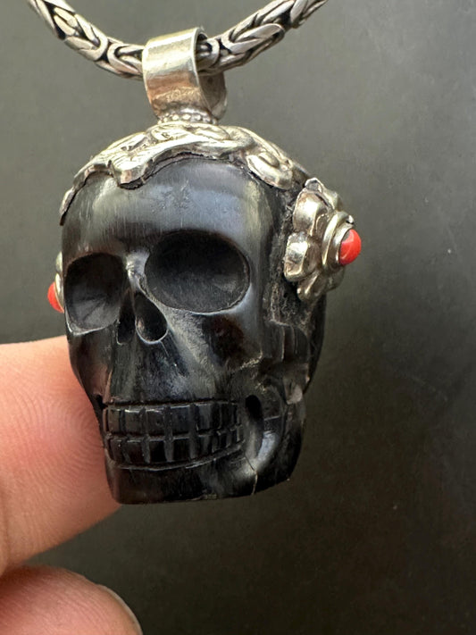 Horn skull present, set with coral , master handcrafted with Tibetan silver