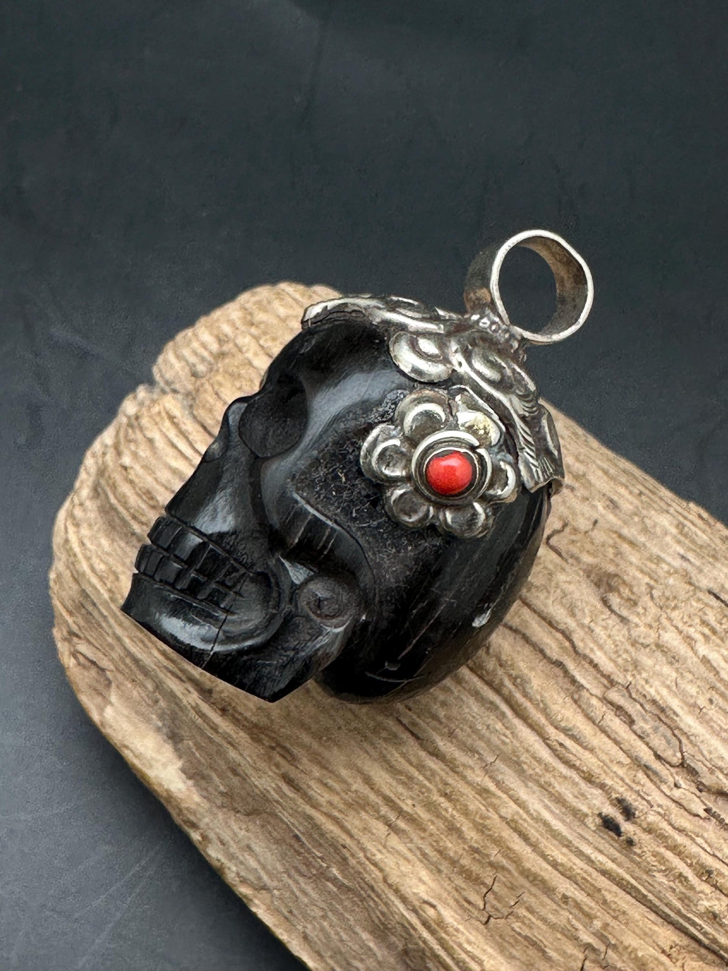 Horn skull present, set with coral , master handcrafted with Tibetan silver