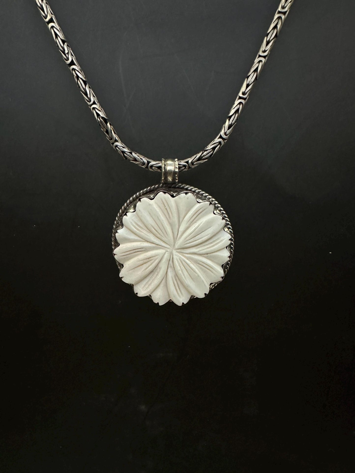 Bone Carved pendant, Tibetan Silver Floral Design