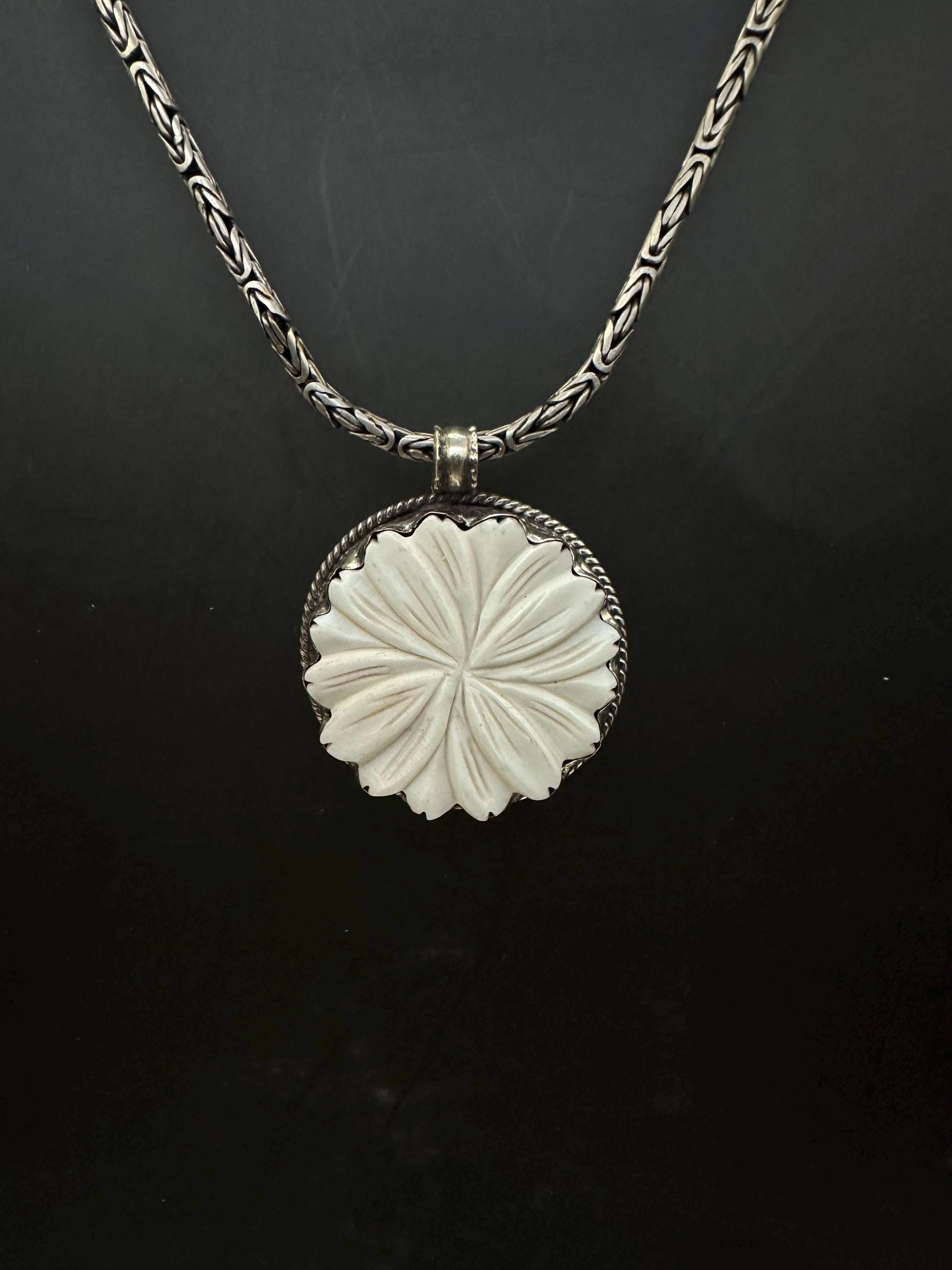 Bone Carved pendant, Tibetan Silver Floral Design