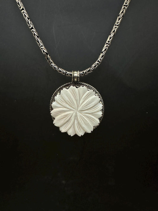 Bone Carved pendant, Tibetan Silver Floral Design