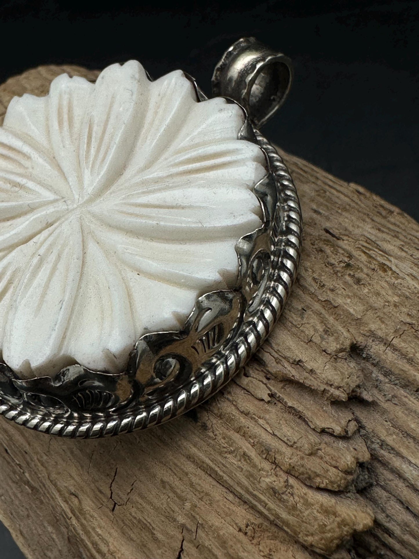 Bone Carved pendant, Tibetan Silver Floral Design