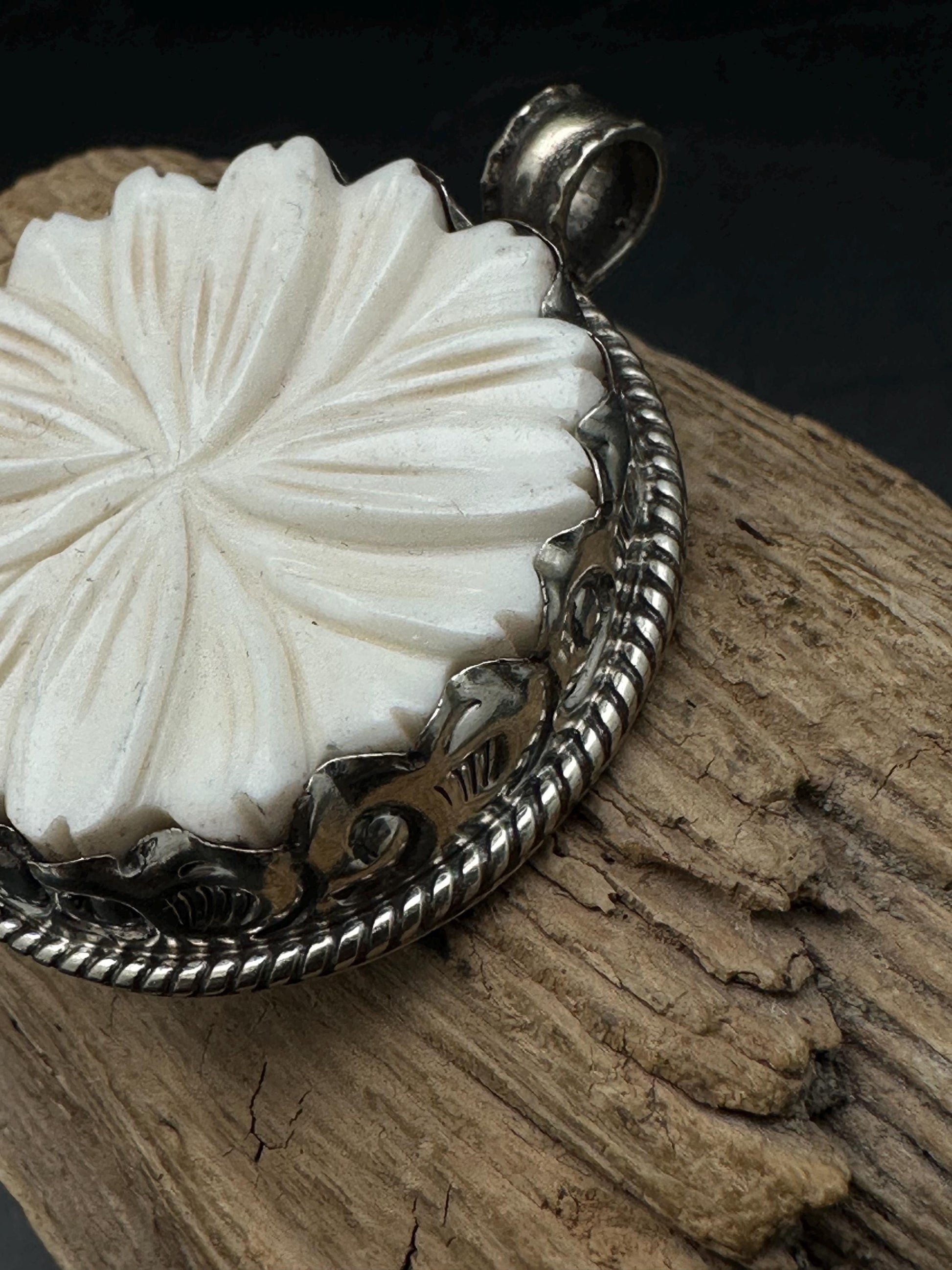 Bone Carved pendant, Tibetan Silver Floral Design