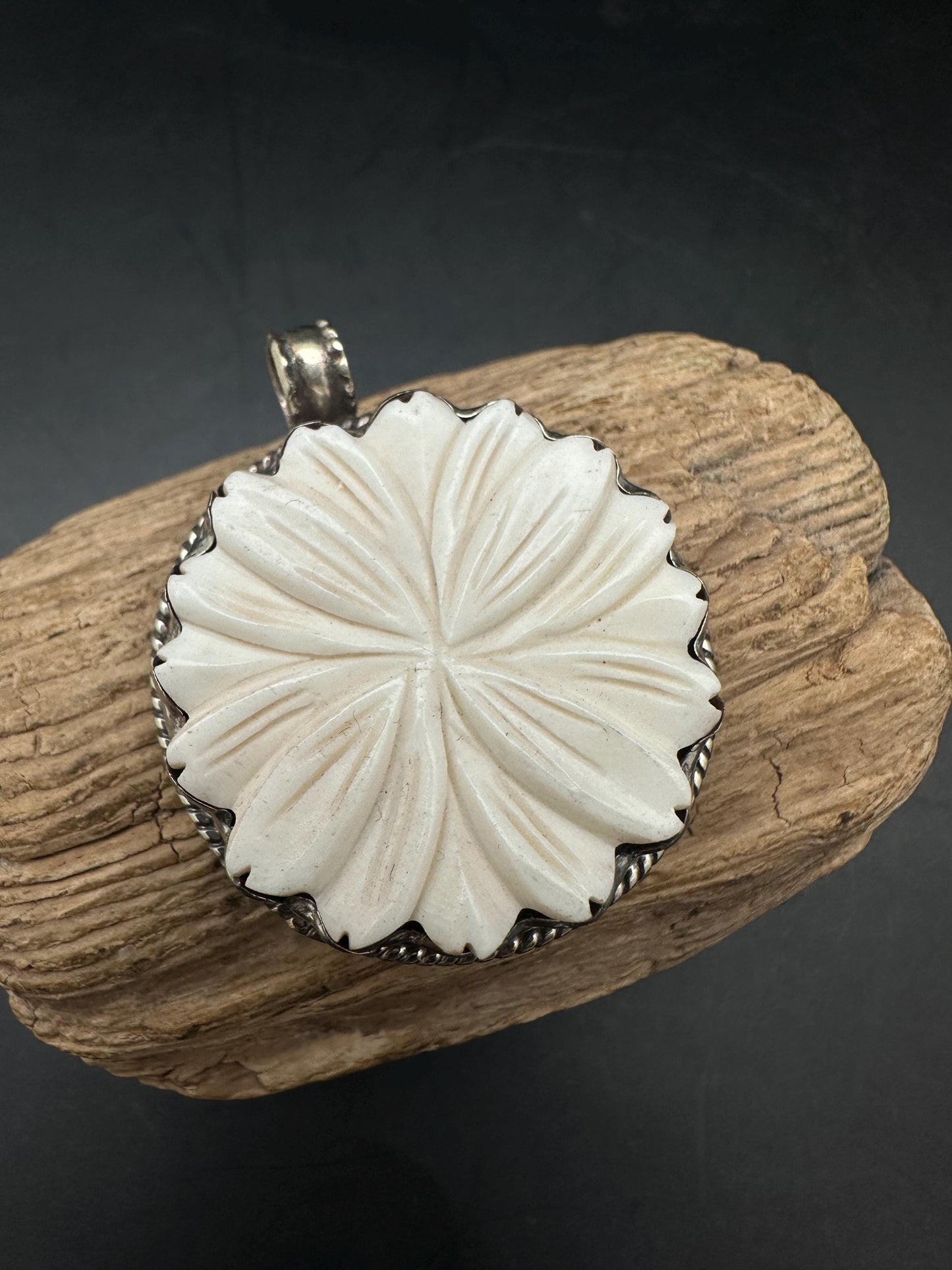Bone Carved pendant, Tibetan Silver Floral Design
