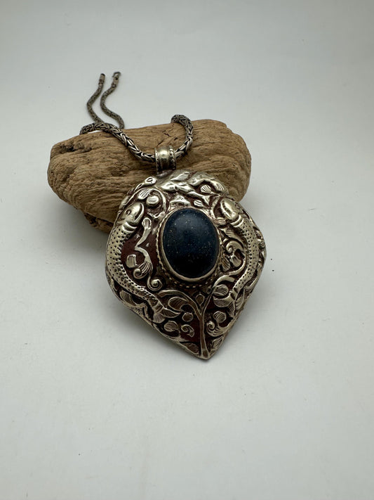 Large pendant, lapis,double fish,handcrafted, Tibetan reposse silver,ethnic style,Nepalese, 45mmX67mm