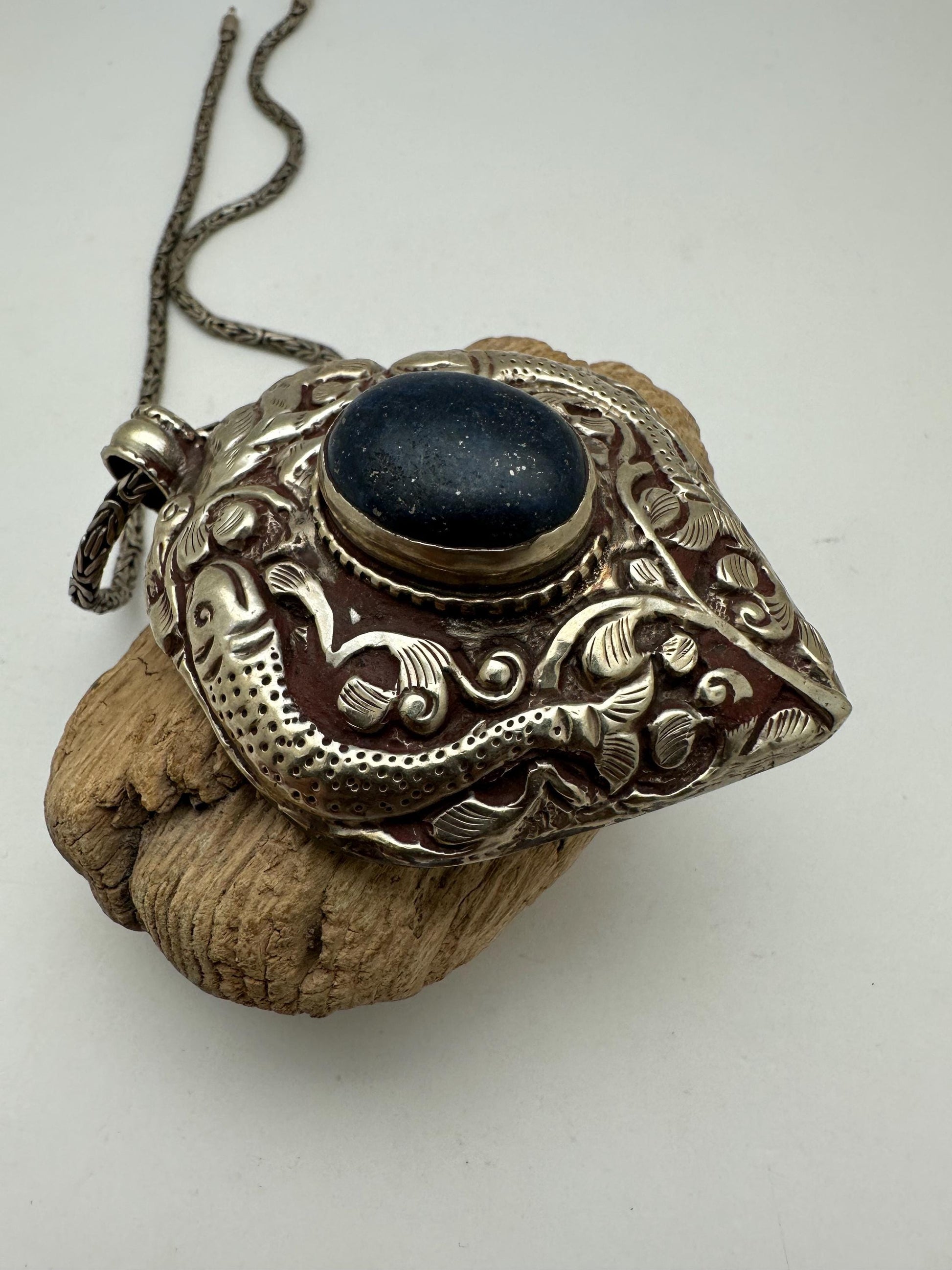 Large pendant, lapis,double fish,handcrafted, Tibetan reposse silver,ethnic style,Nepalese, 45mmX67mm