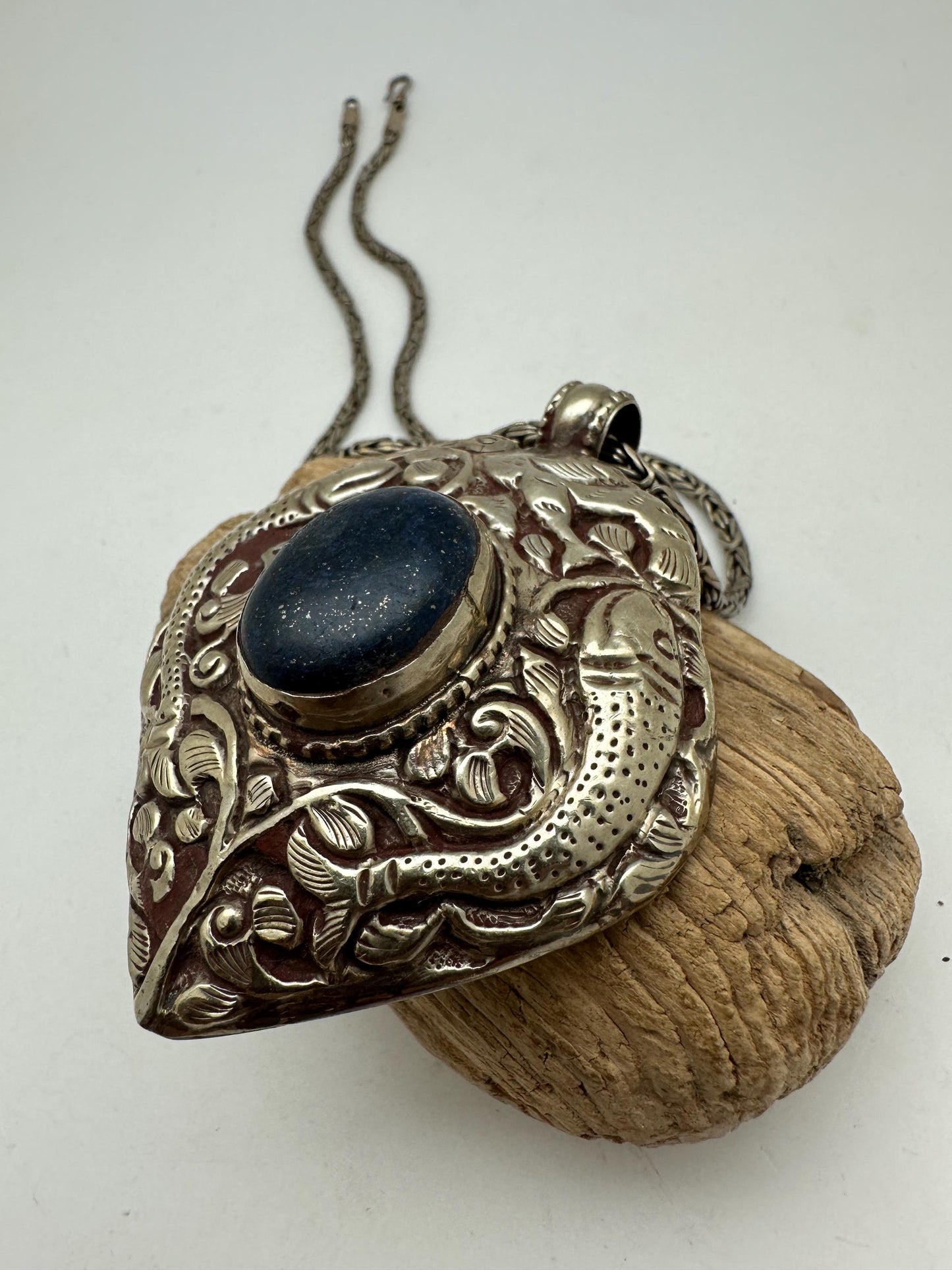 Large pendant, lapis,double fish,handcrafted, Tibetan reposse silver,ethnic style,Nepalese, 45mmX67mm