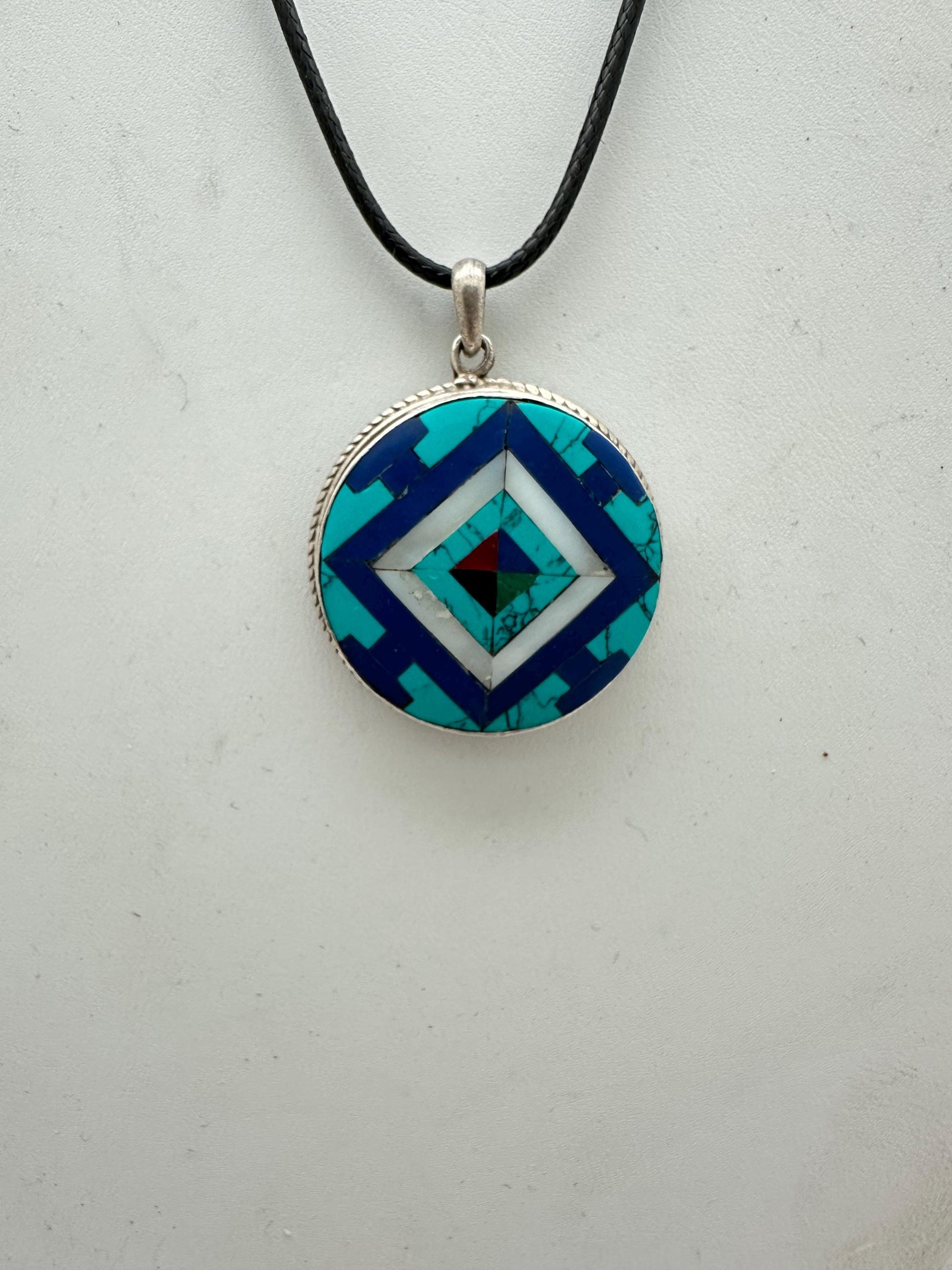 Mandala pendent, inlay turquoise and lapis master handcrafted with sterling silver