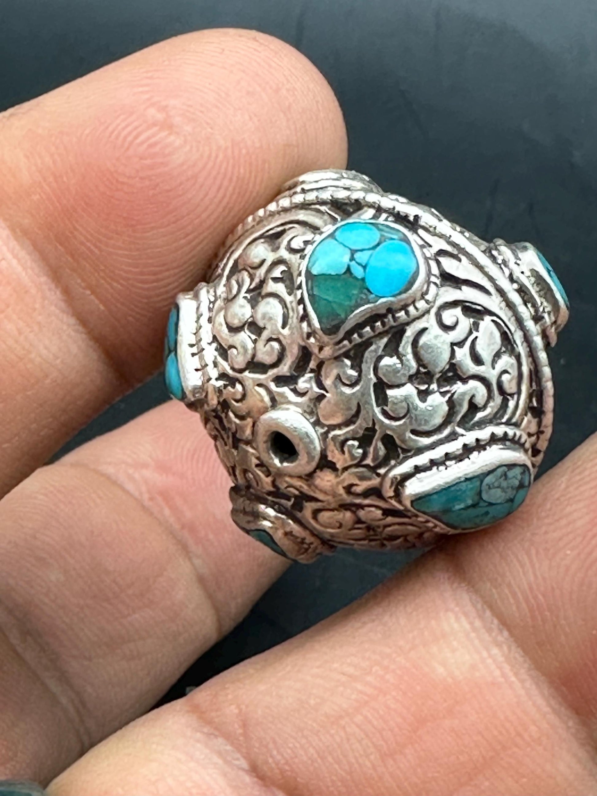 Tibetan turquoise beads, sterling silver bead, inlaid turquoise and coral, all natural