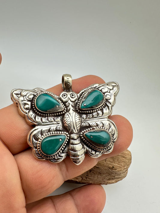 Handcrafted,Butterfly Pendant,natural turquoise , Tibetan silver, bug pendant