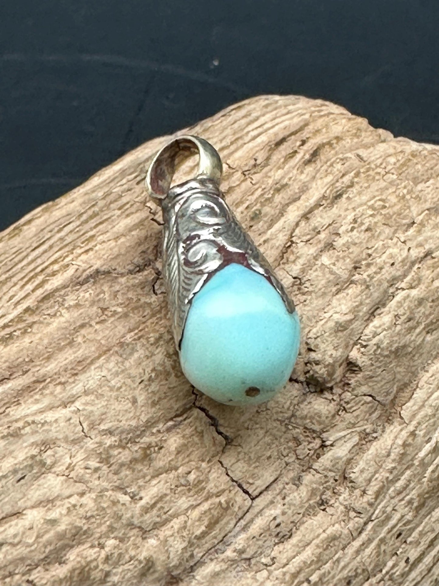 Handcrafted Teardrop Peruvian Opal Pendant, Tibetan Silver Capped Charm (25mmX9.5mm)