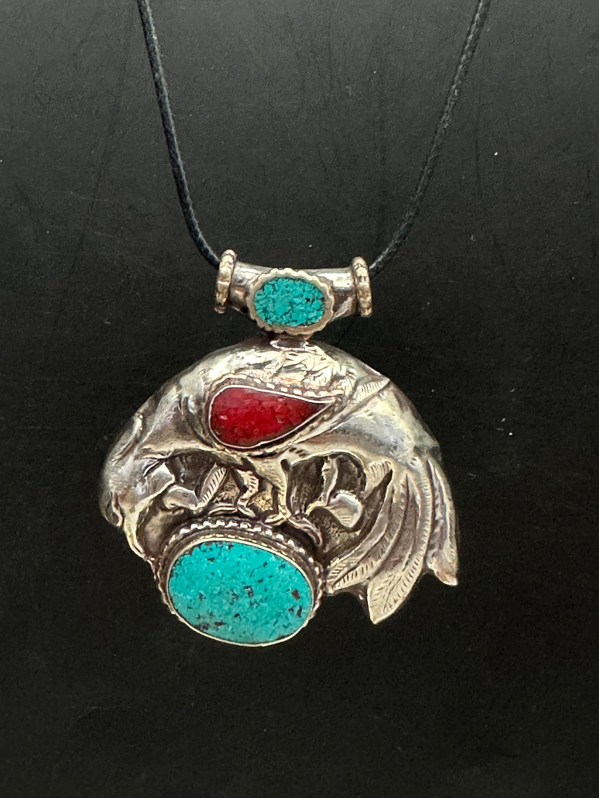 Bird pendant, inlaid turquoise and coral, master handcrafted with Tibetan silver