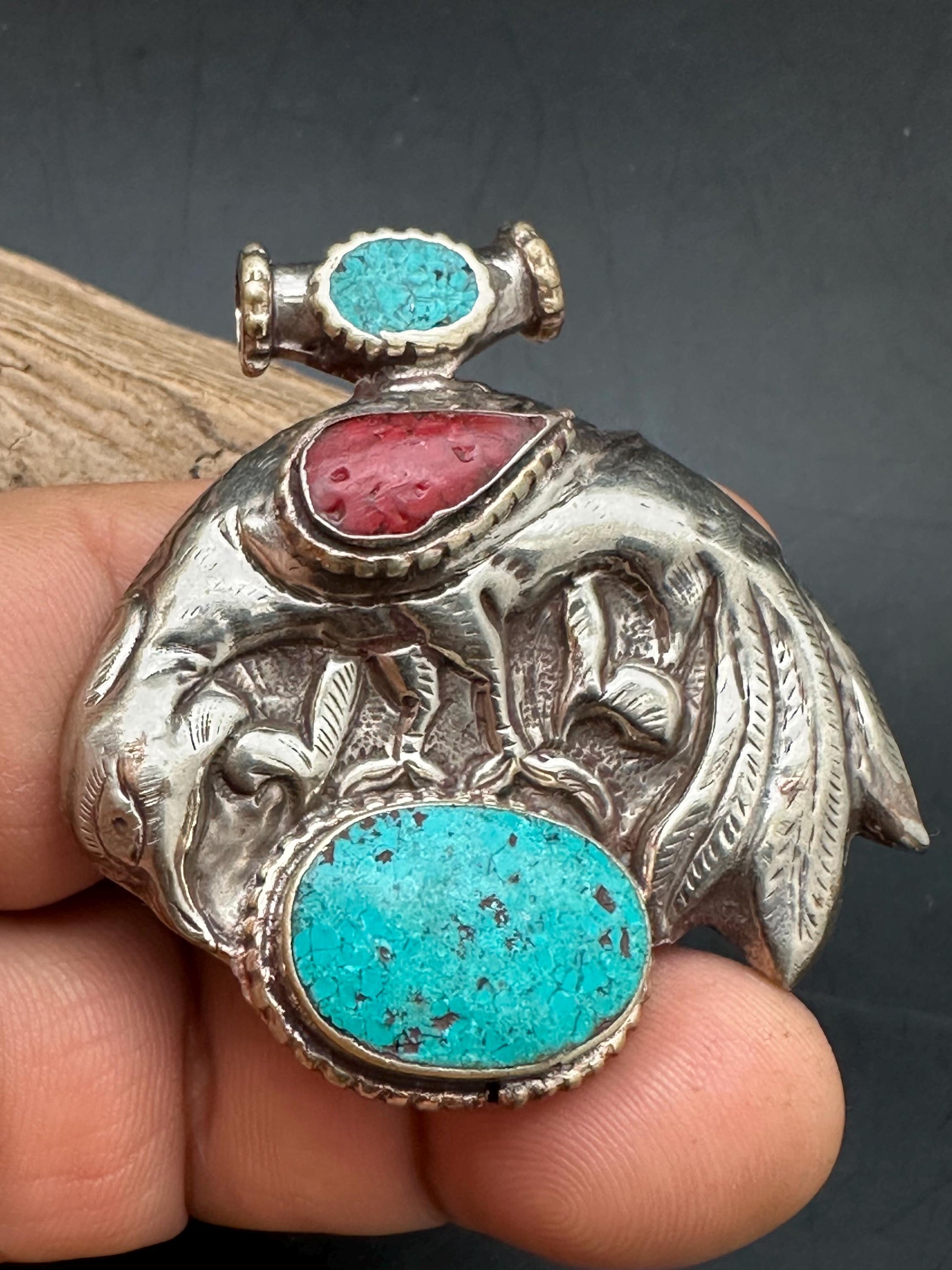 Bird pendant, inlaid turquoise and coral, master handcrafted with Tibetan silver