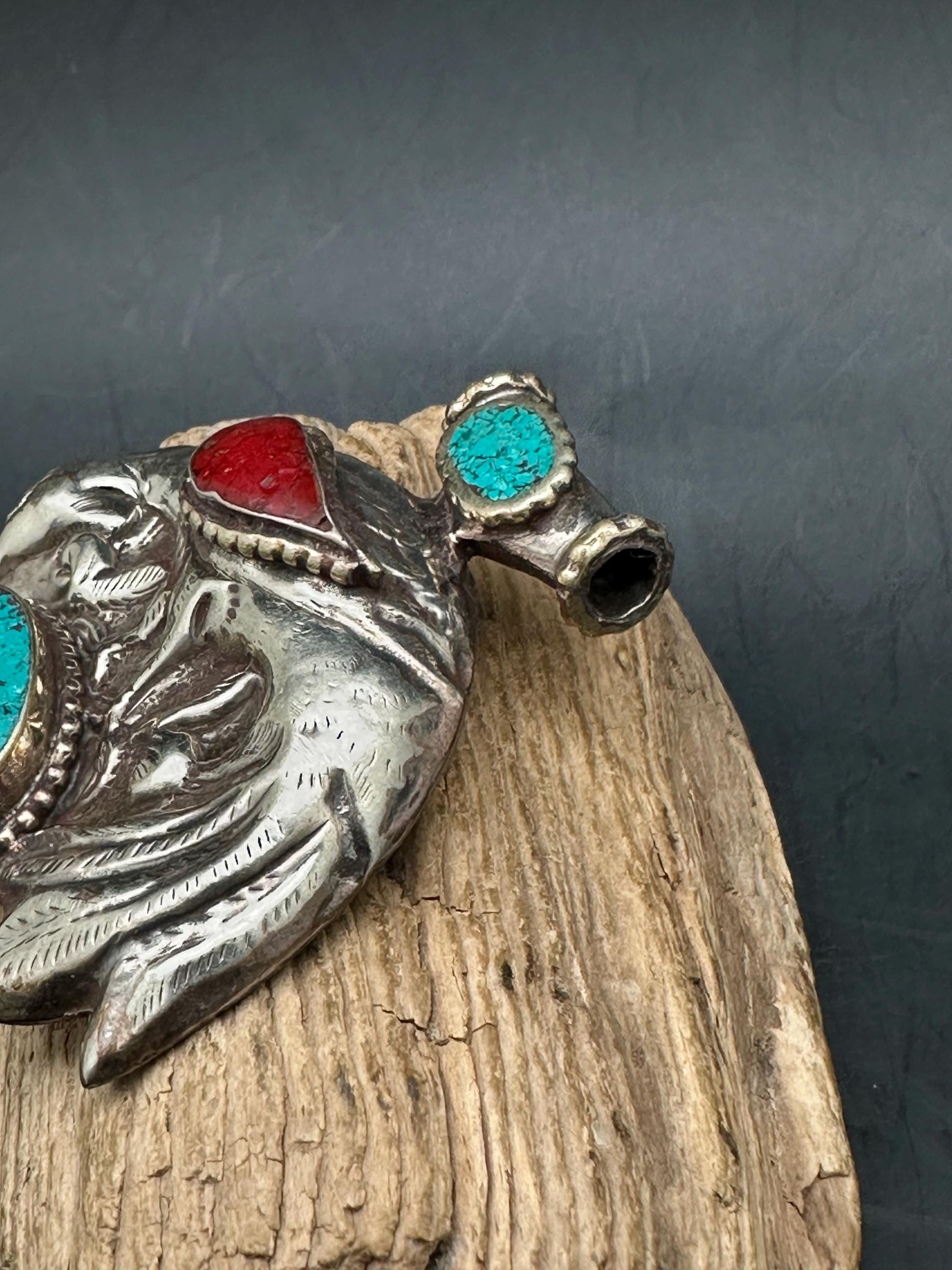 Bird pendant, inlaid turquoise and coral, master handcrafted with Tibetan silver