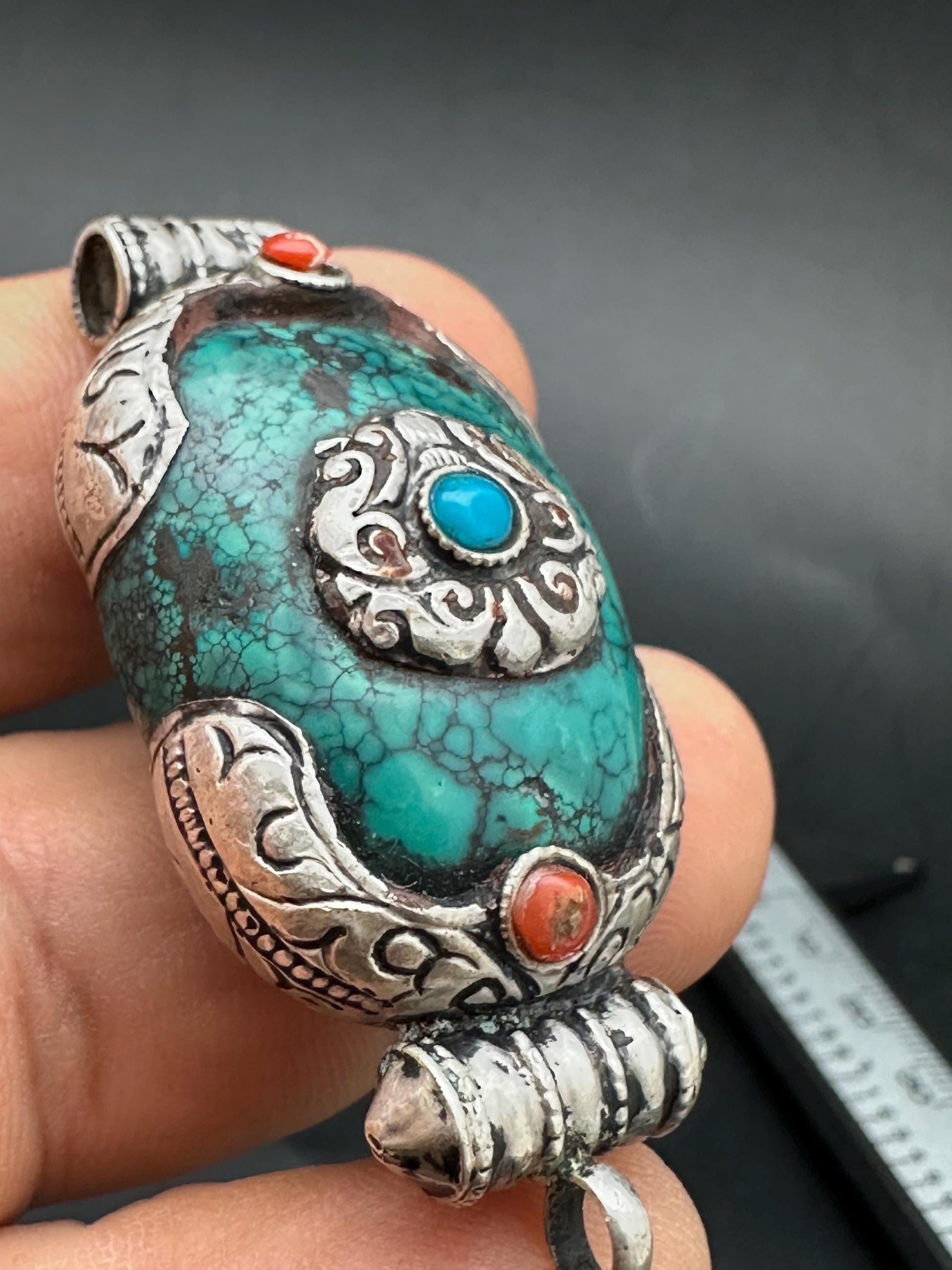 Vintage Tibetan Turquoise Pendant, Sterling Silver Gau Design