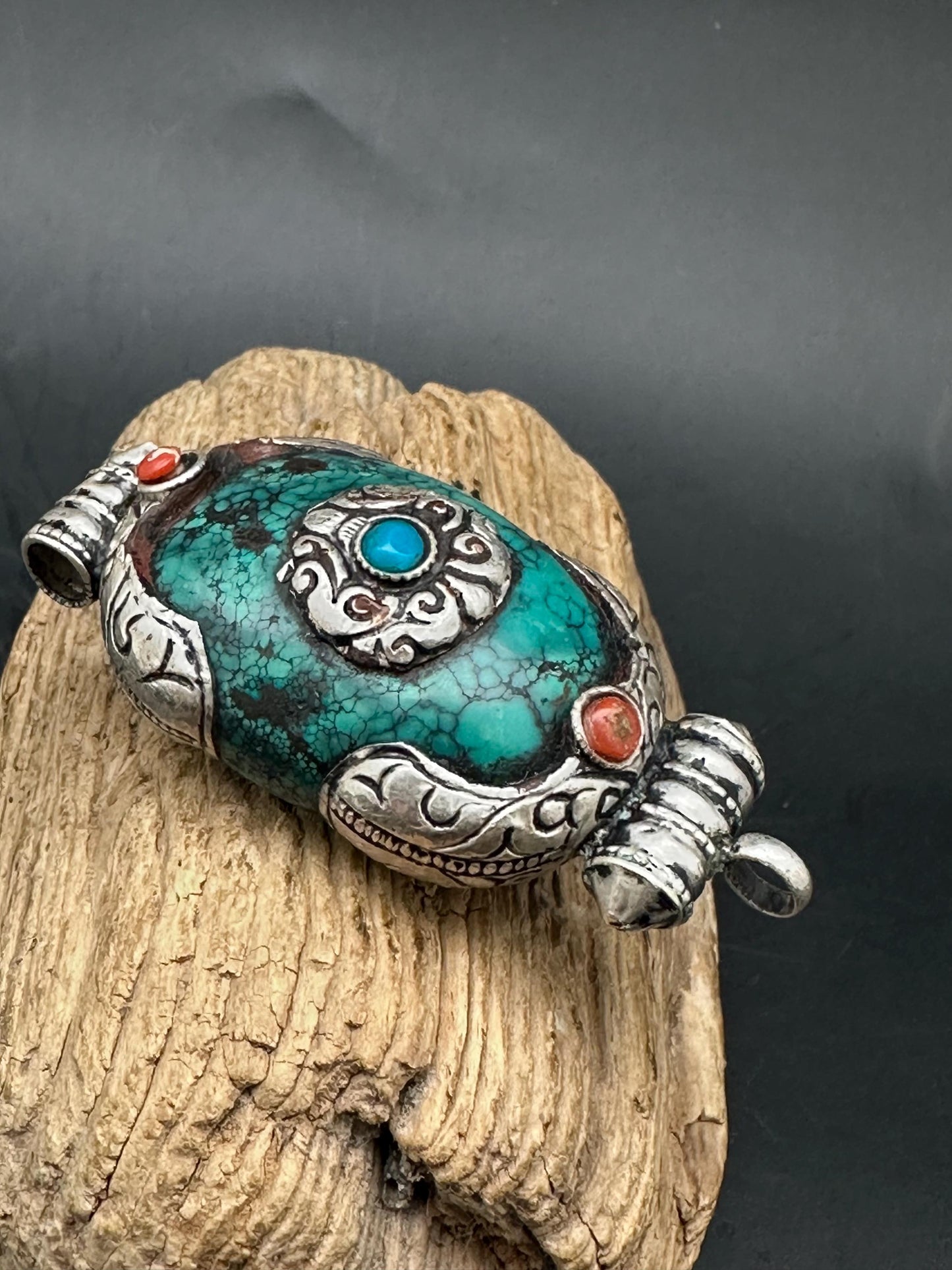 Vintage Tibetan Turquoise Pendant, Sterling Silver Gau Design