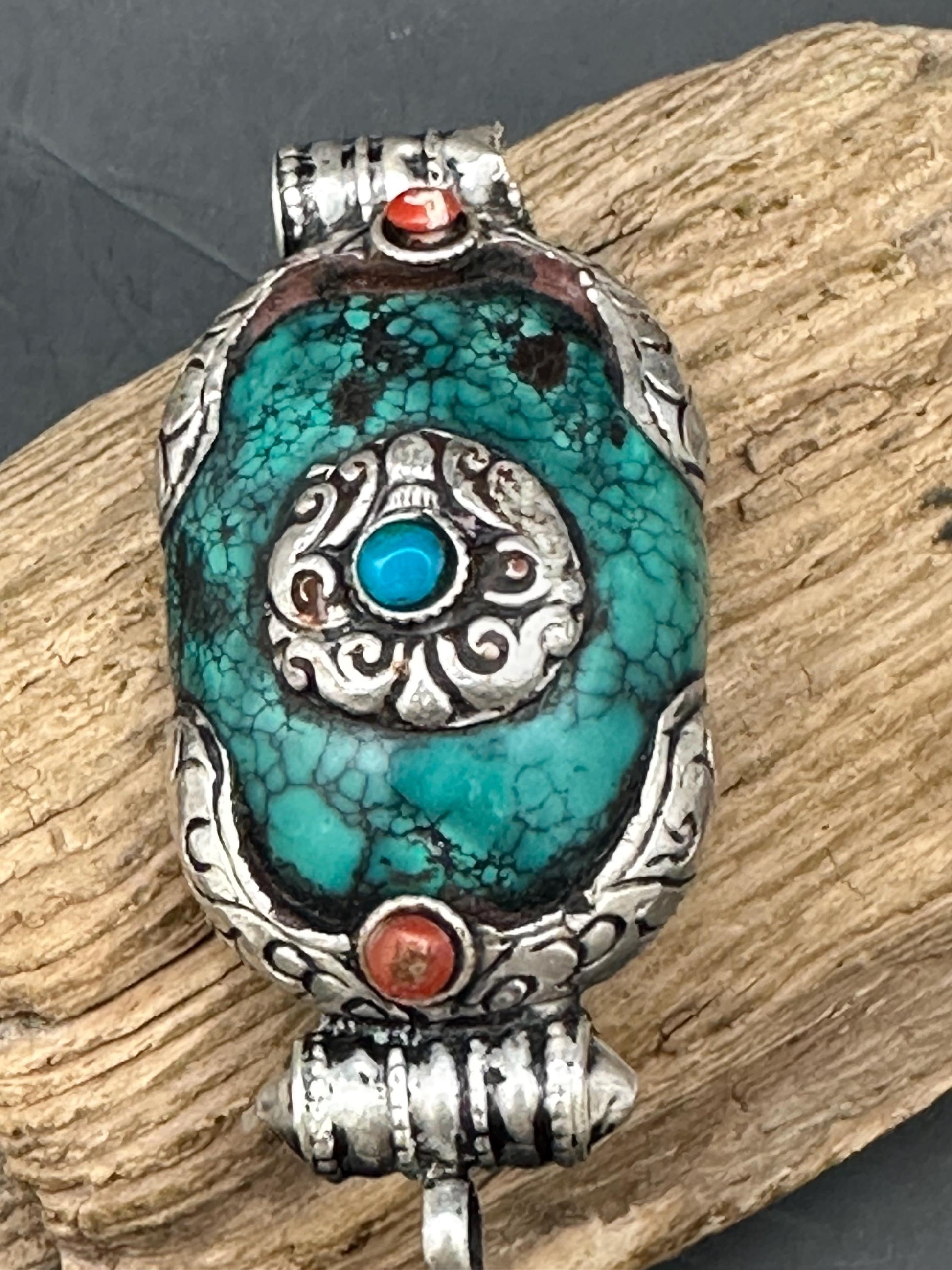 Vintage Tibetan Turquoise Pendant, Sterling Silver Gau Design