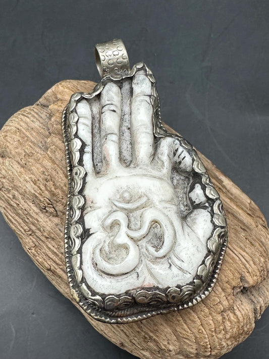 Buddha hand pendent, on mantra pendent, master handcrafted with yak bone