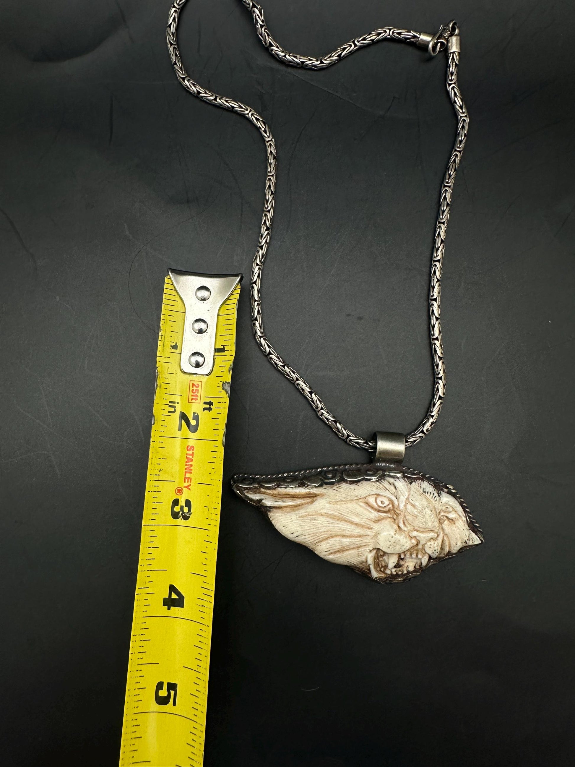 Yak bone tiger pendant, set Tibetan silver