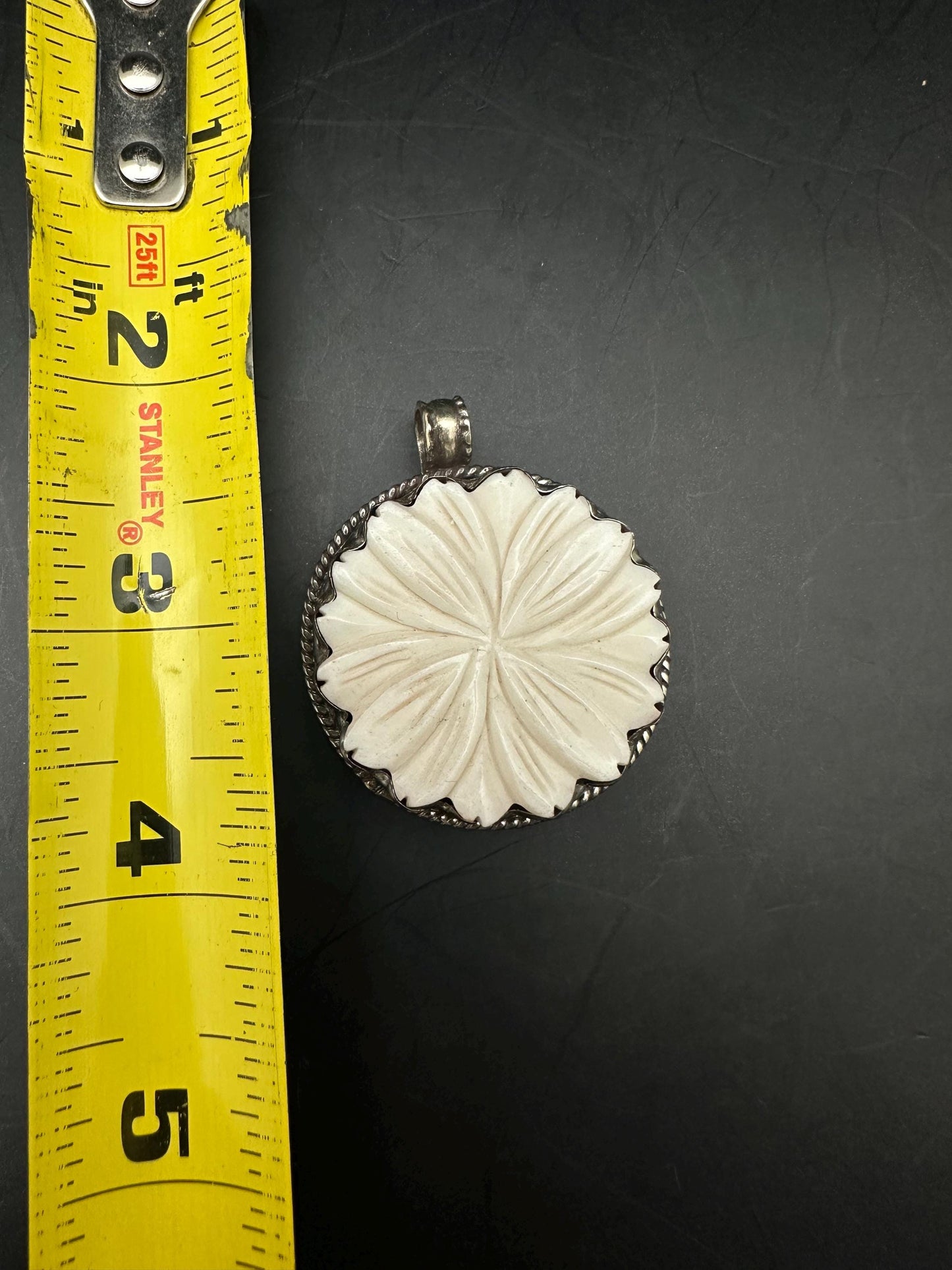 Bone Carved pendant, Tibetan Silver Floral Design