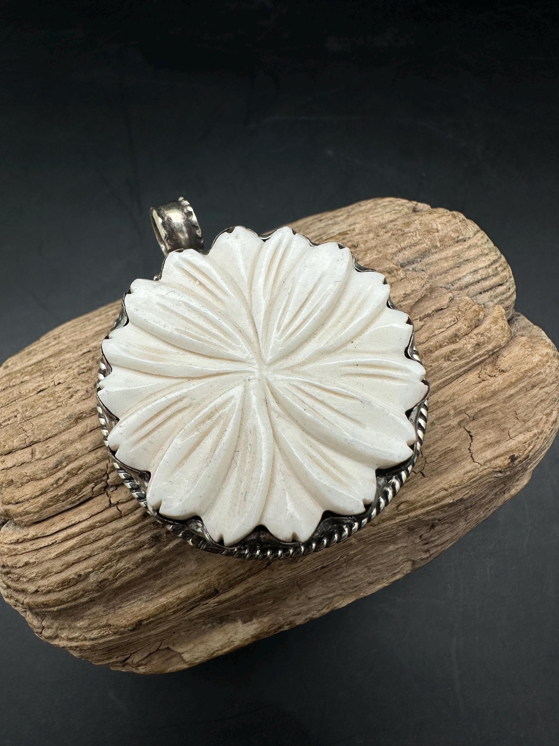 Bone Carved pendant, Tibetan Silver Floral Design