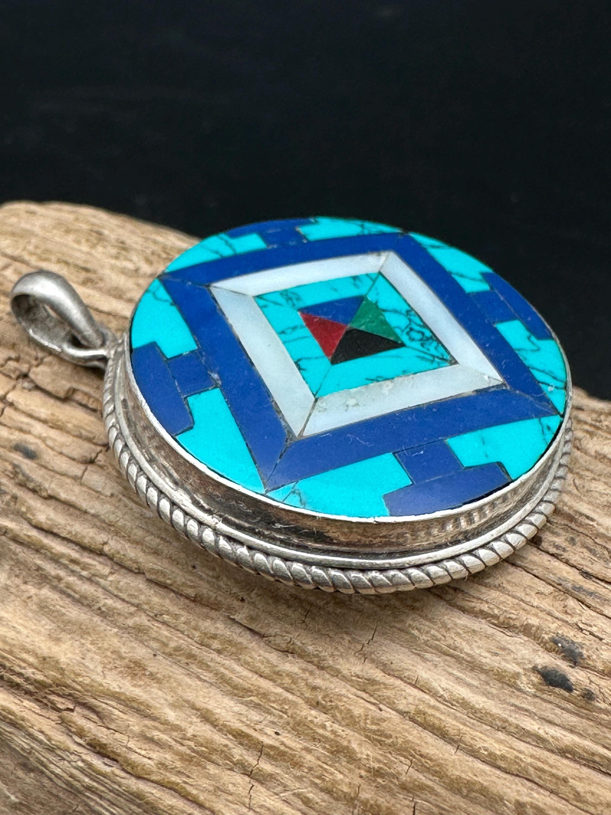 Mandala pendent, inlay turquoise and lapis master handcrafted with sterling silver