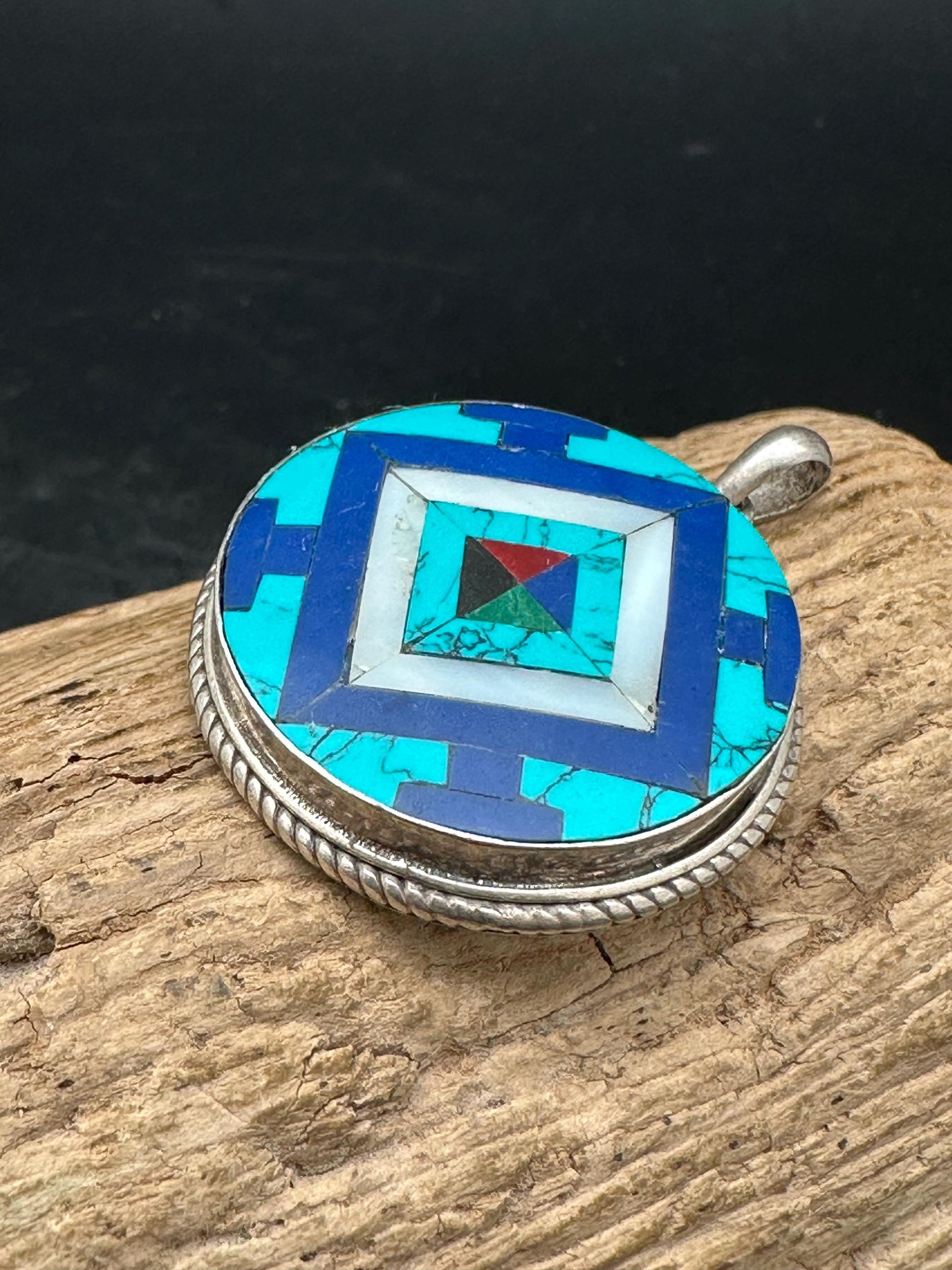 Mandala pendent, inlay turquoise and lapis master handcrafted with sterling silver