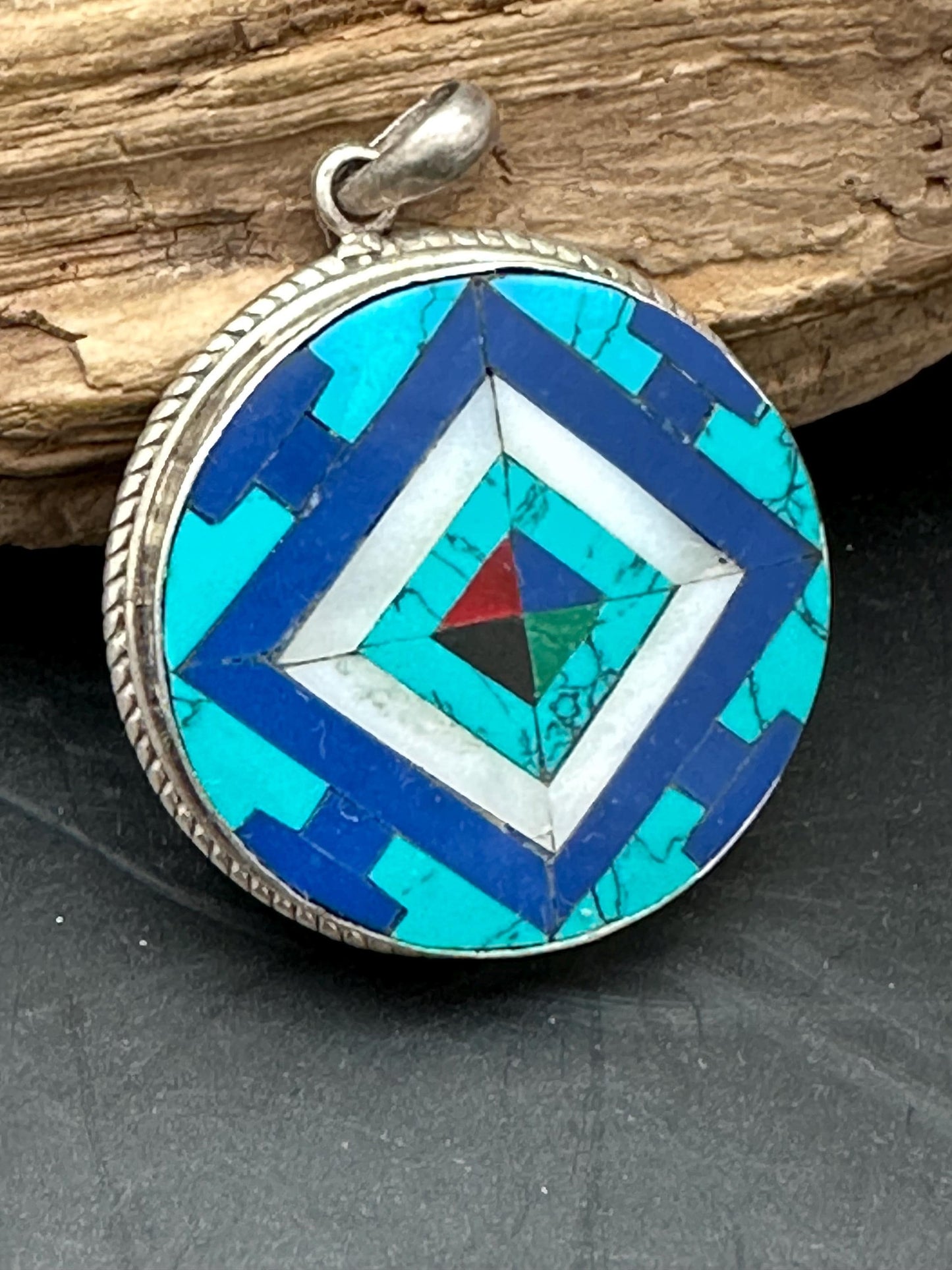 Mandala pendent, inlay turquoise and lapis master handcrafted with sterling silver