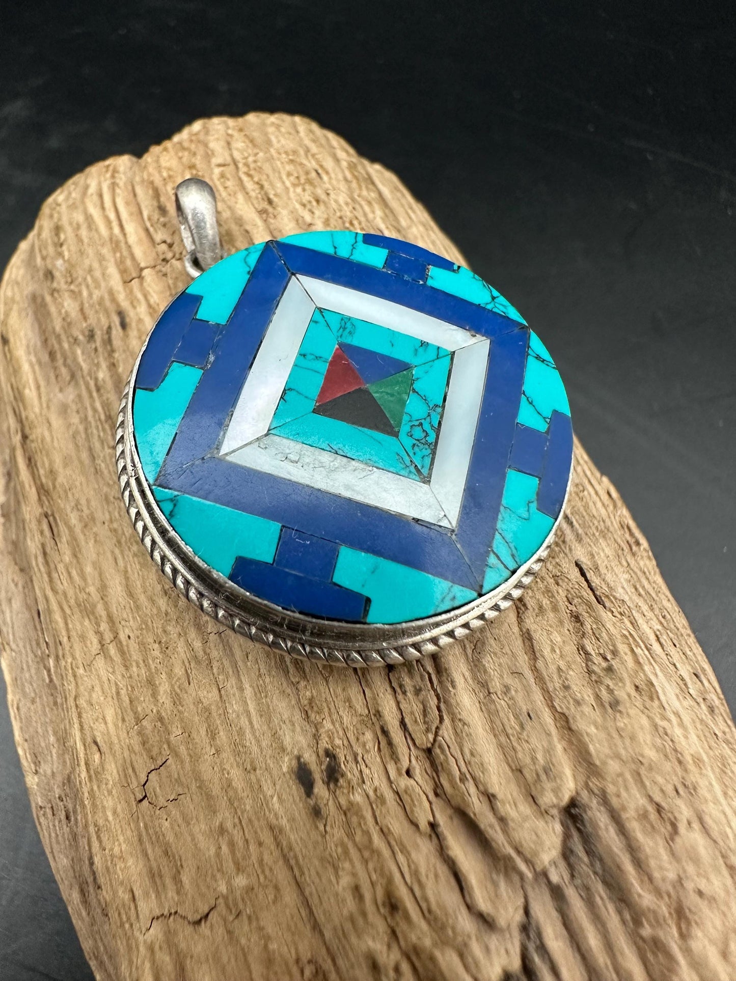 Mandala pendent, inlay turquoise and lapis master handcrafted with sterling silver