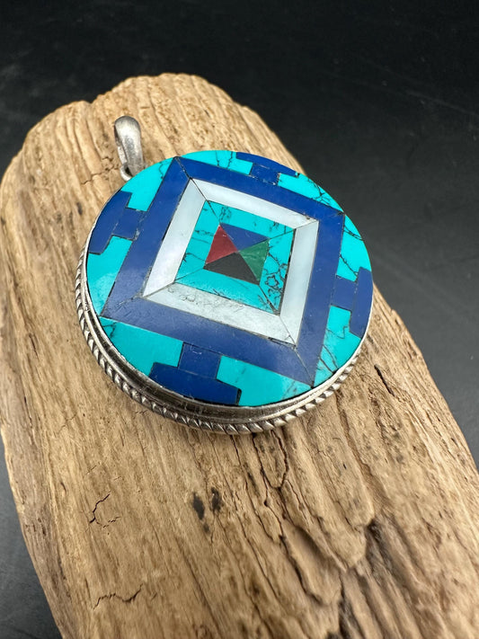 Mandala pendent, inlay turquoise and lapis master handcrafted with sterling silver