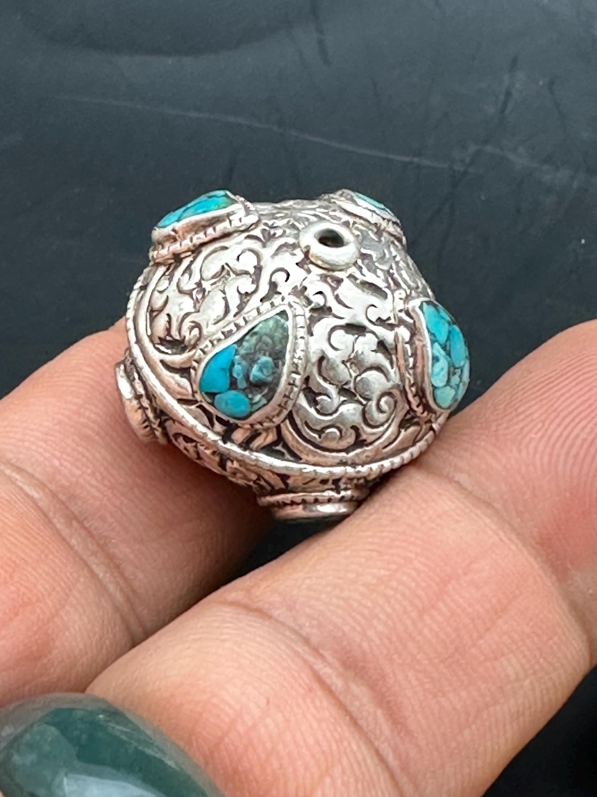 Tibetan turquoise beads, sterling silver bead, inlaid turquoise and coral, all natural