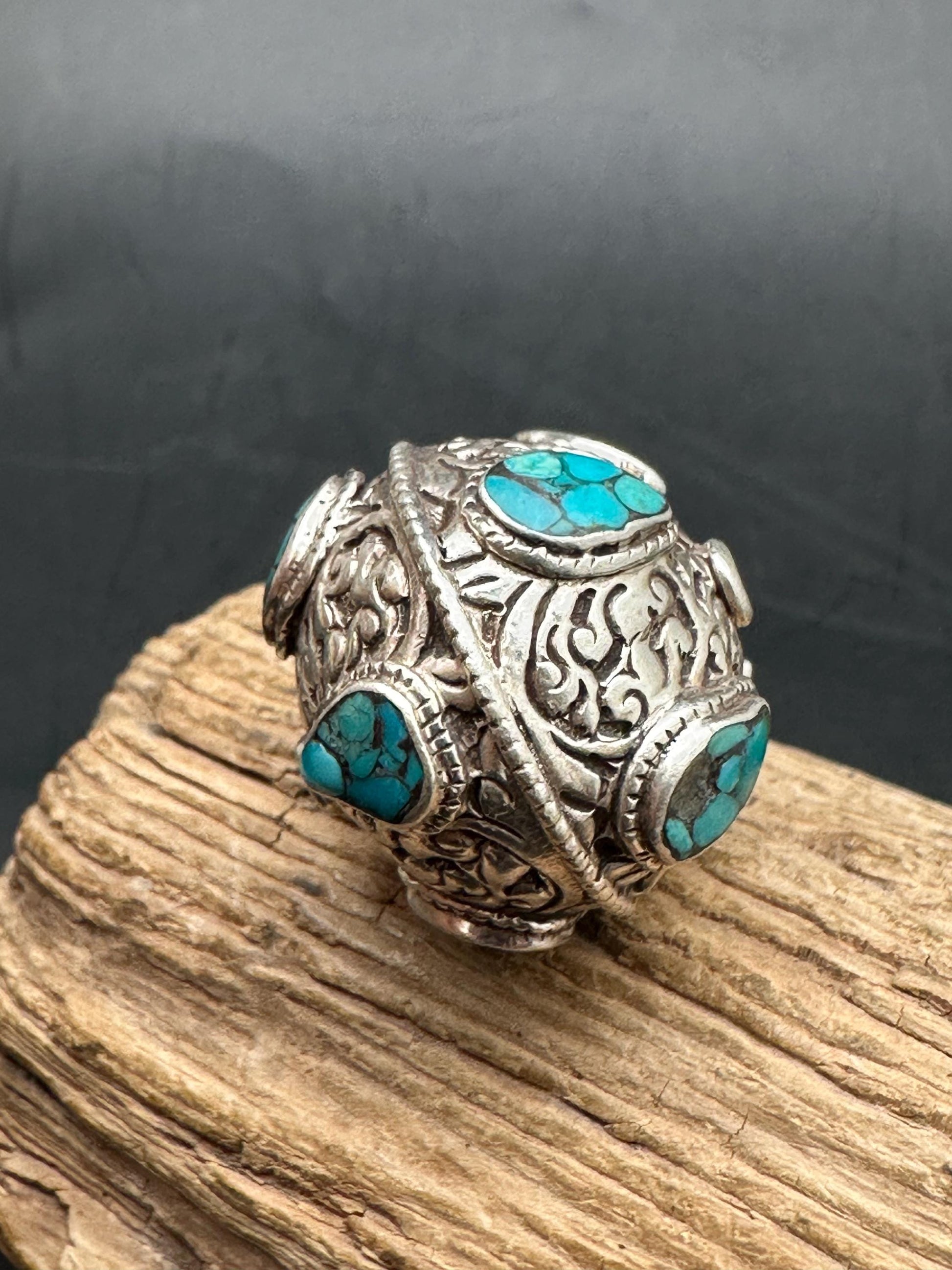Tibetan turquoise beads, sterling silver bead, inlaid turquoise and coral, all natural
