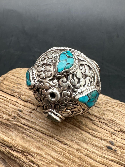 Tibetan turquoise beads, sterling silver bead, inlaid turquoise and coral, all natural
