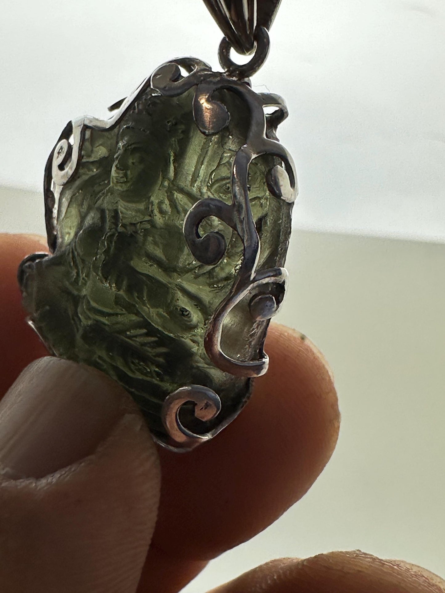 Moldevite green tara, master handcrafted with sterling silver, natural moldebite