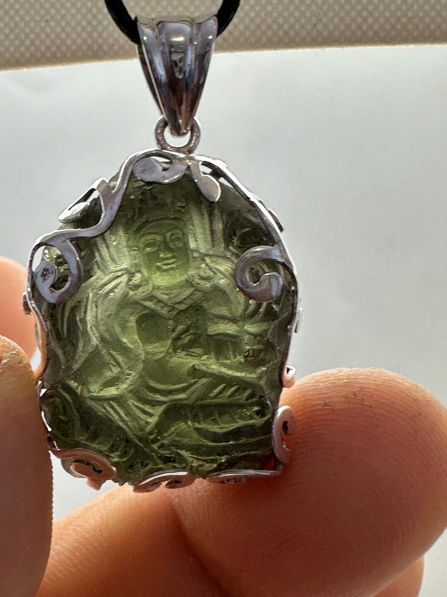 Moldevite green tara, master handcrafted with sterling silver, natural moldebite