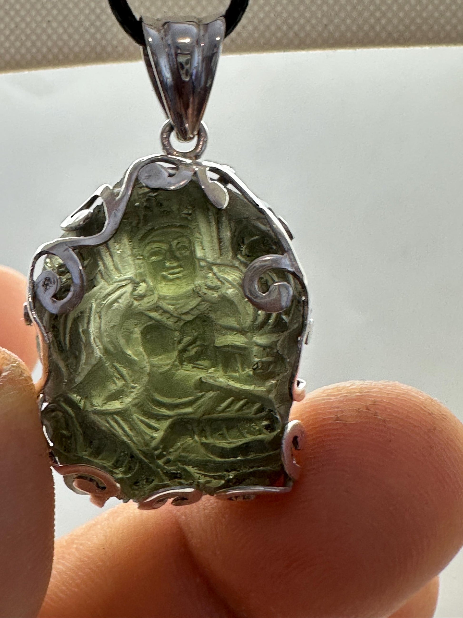 Moldevite green tara, master handcrafted with sterling silver, natural moldebite