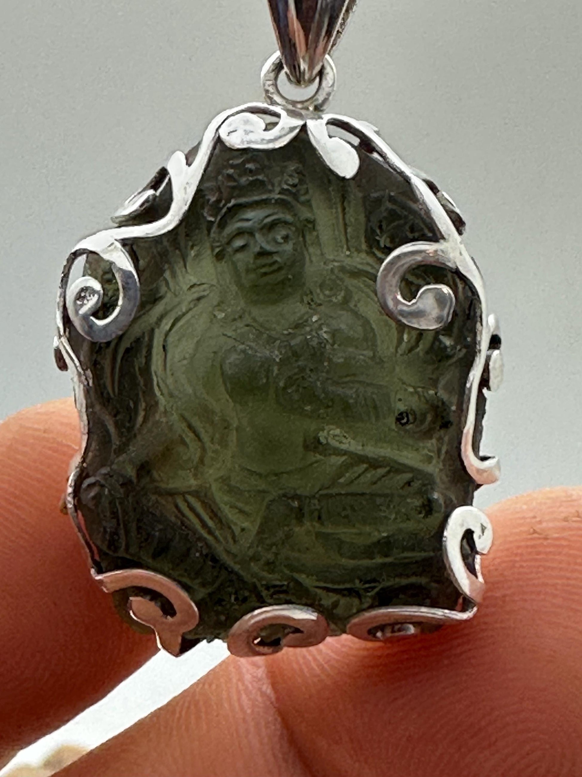 Moldevite green tara, master handcrafted with sterling silver, natural moldebite