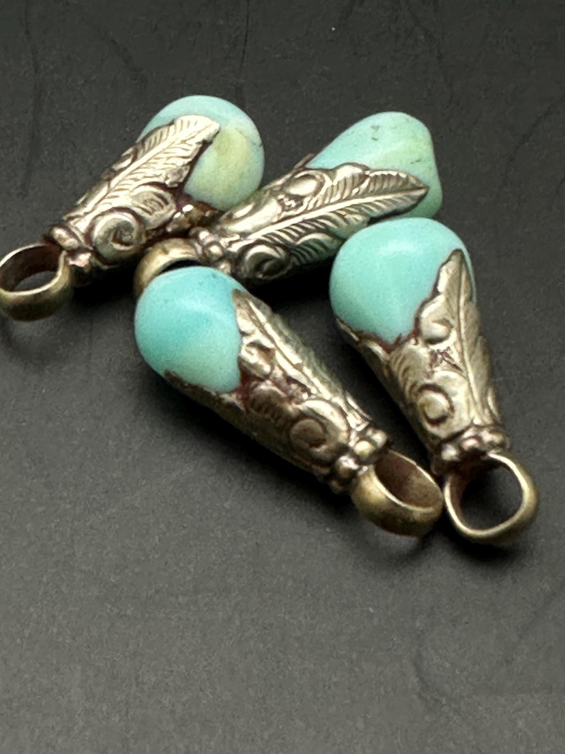 Handcrafted Teardrop Peruvian Opal Pendant, Tibetan Silver Capped Charm (25mmX9.5mm)