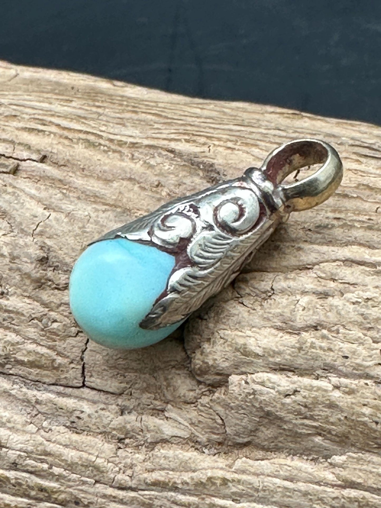 Handcrafted Teardrop Peruvian Opal Pendant, Tibetan Silver Capped Charm (25mmX9.5mm)