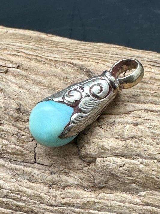 Handcrafted Teardrop Peruvian Opal Pendant, Tibetan Silver Capped Charm (25mmX9.5mm)