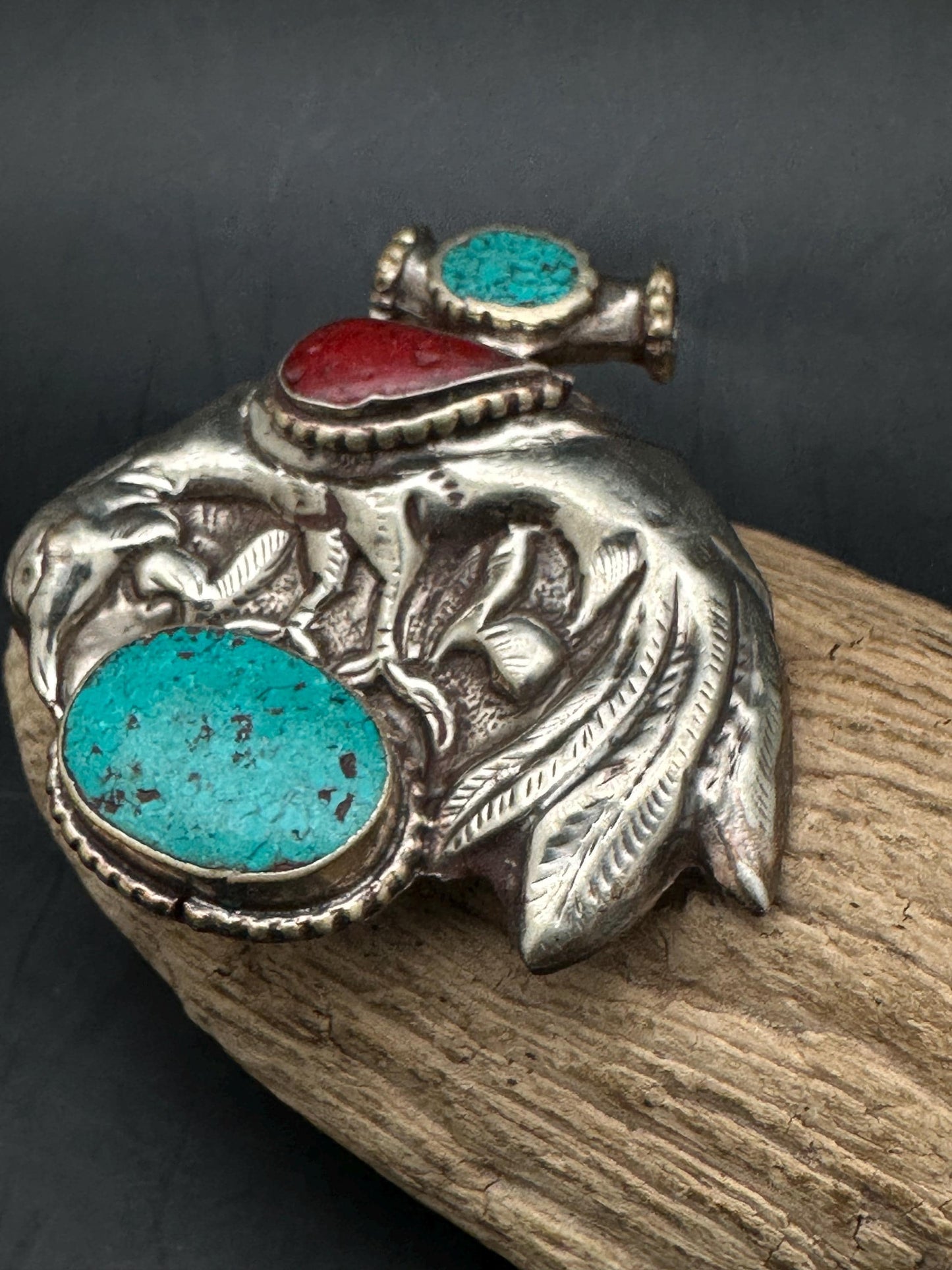 Bird pendant, inlaid turquoise and coral, master handcrafted with Tibetan silver
