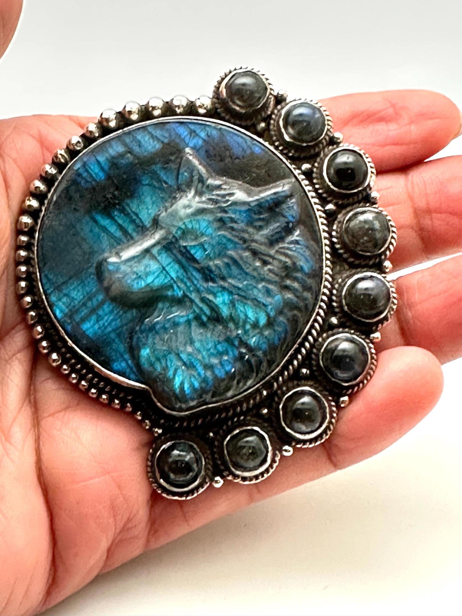 Wolf pendant, labradorite carved,handcrafted, Tibetan silver,67mmX56.7mm and weighs 54 gm