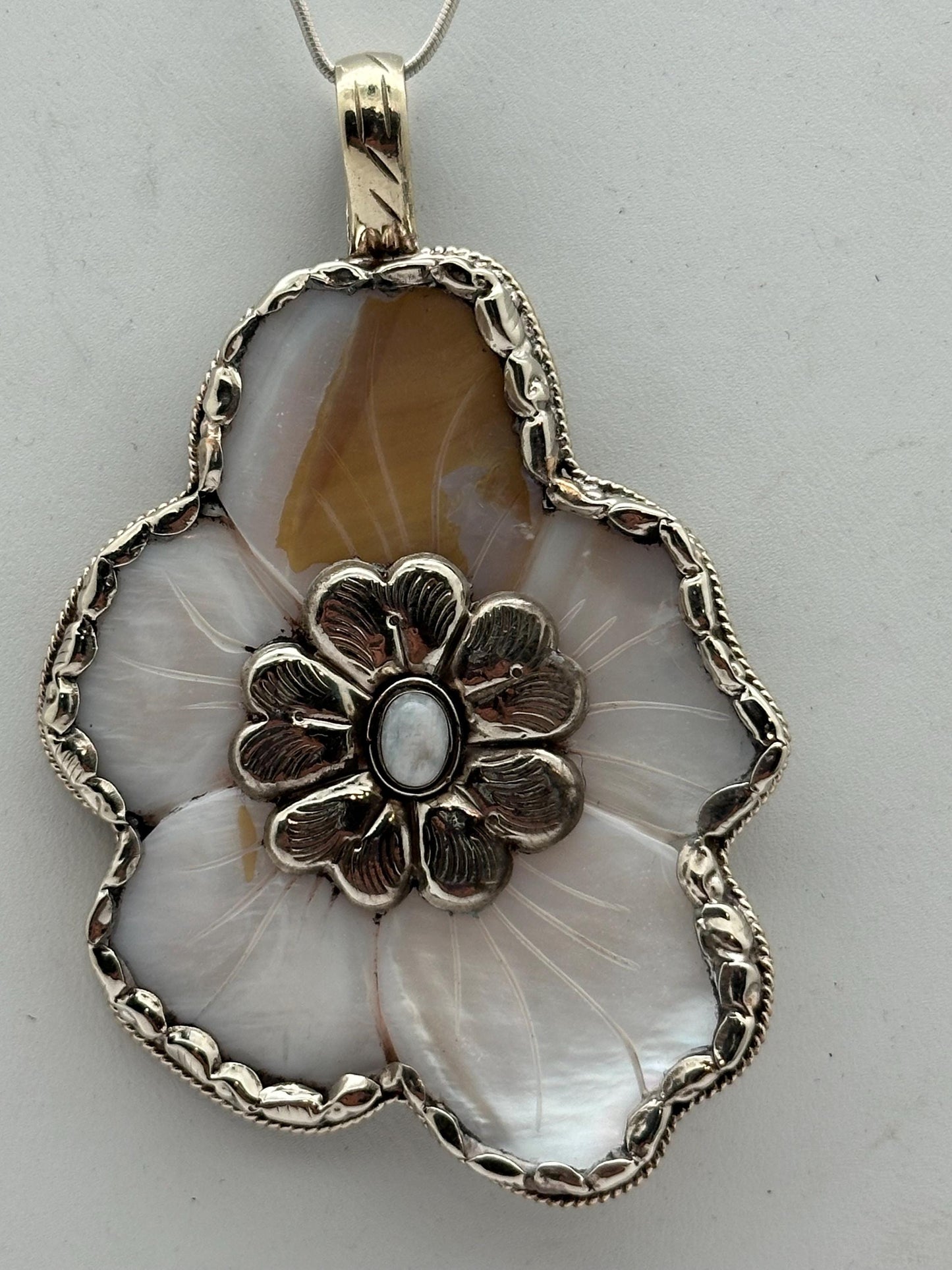 Abolone flower pendant,moonstone,lapis,labradorite,turquoise Tibetan silver, handcrafted,Nepalese