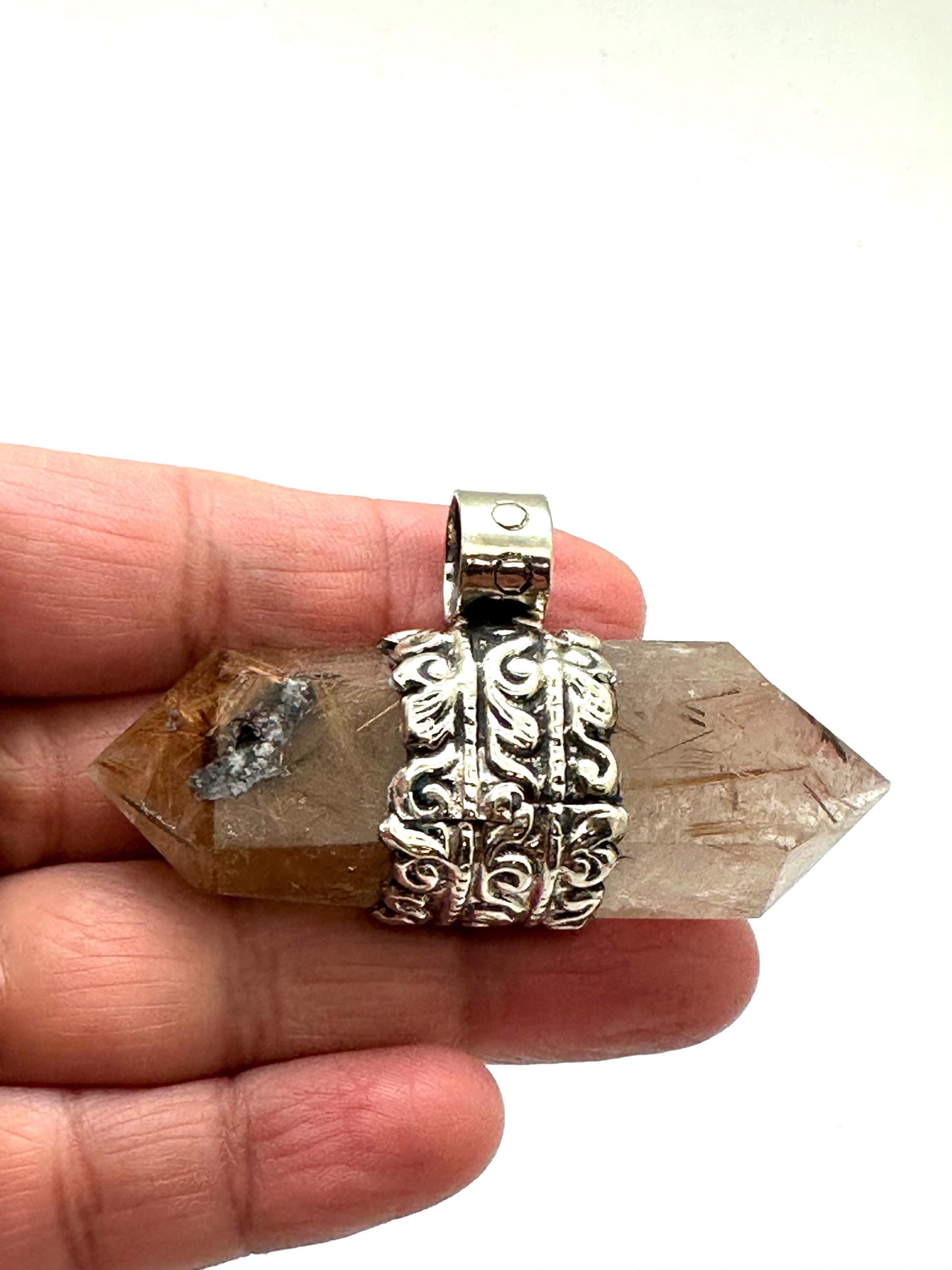 Golden Rutilated Smokey Quartz Double Terminated Pendant, Tibetan Repousse Silver, Labradorite (32mmX62mm)
