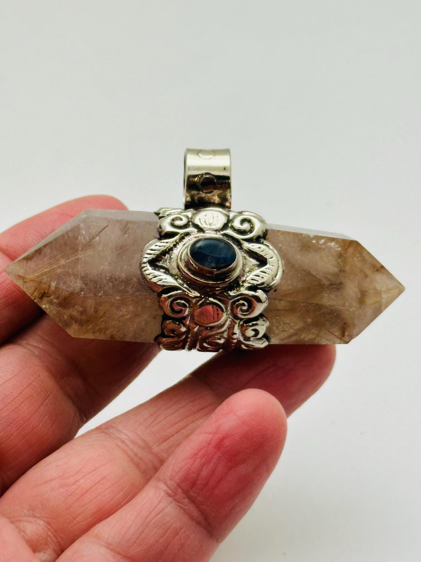 Golden Rutilated Smokey Quartz Double Terminated Pendant, Tibetan Repousse Silver, Labradorite (32mmX62mm)