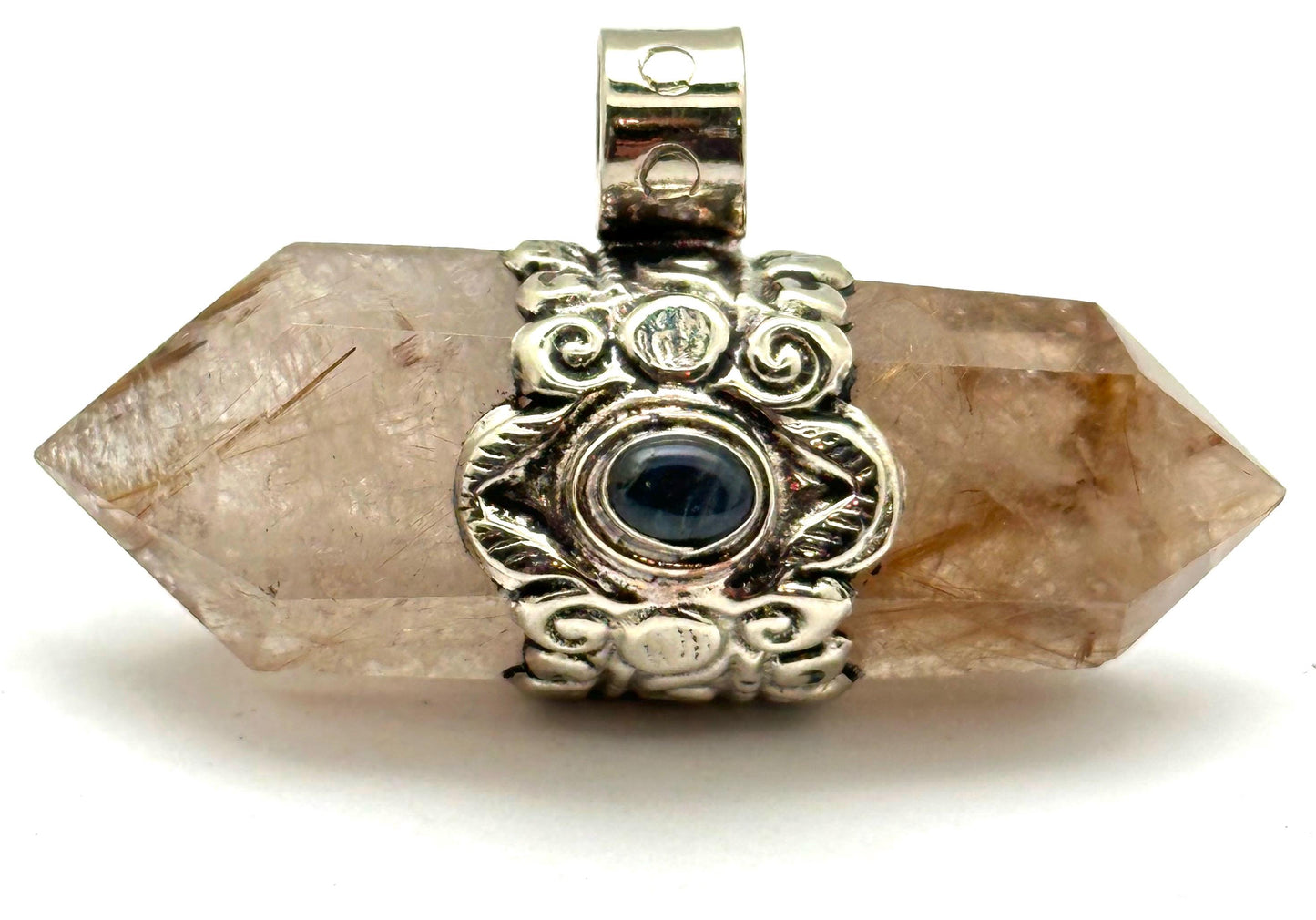 Golden Rutilated Smokey Quartz Double Terminated Pendant, Tibetan Repousse Silver, Labradorite (32mmX62mm)